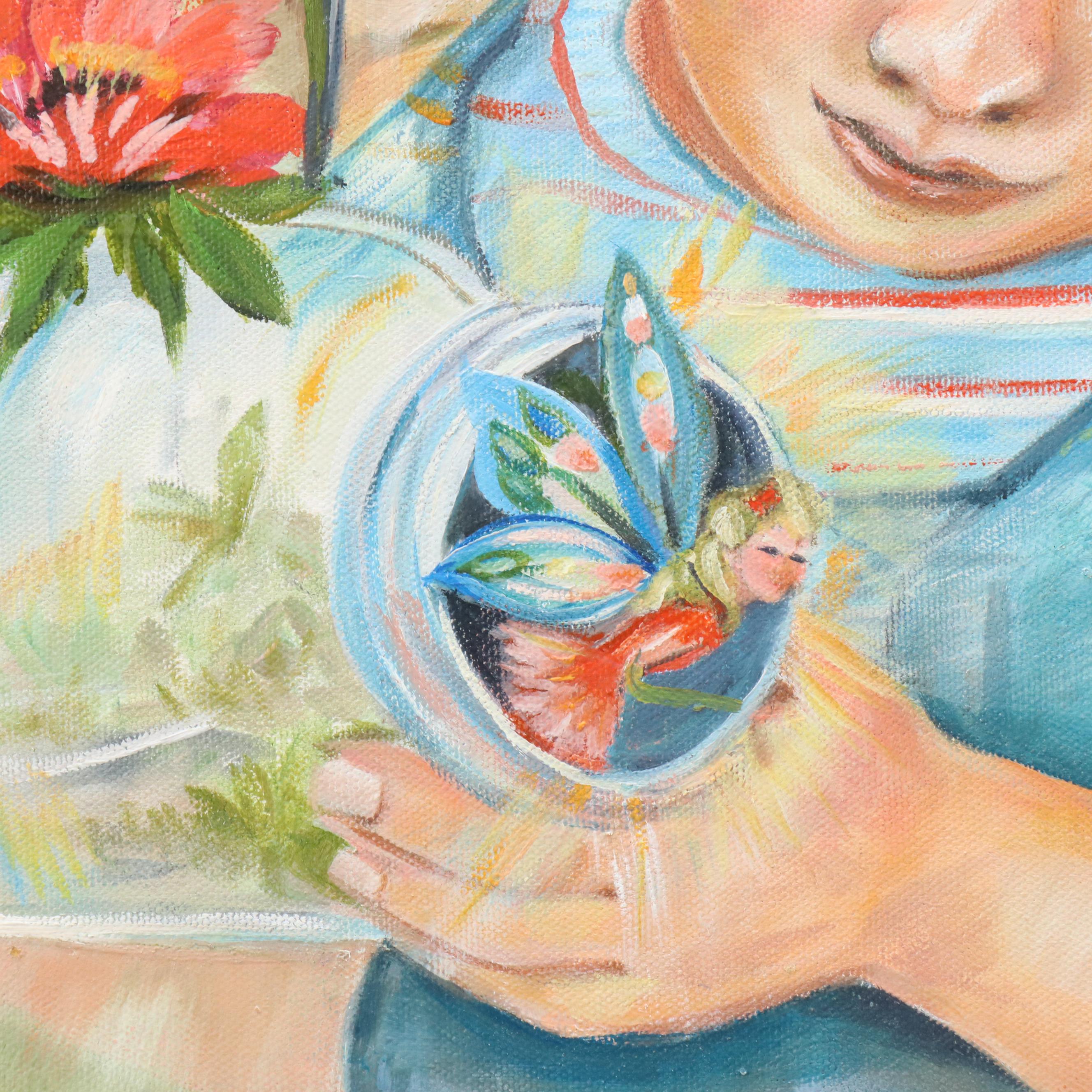 Oil Painting of Boy Holding Jar with Fairy, 21st Century