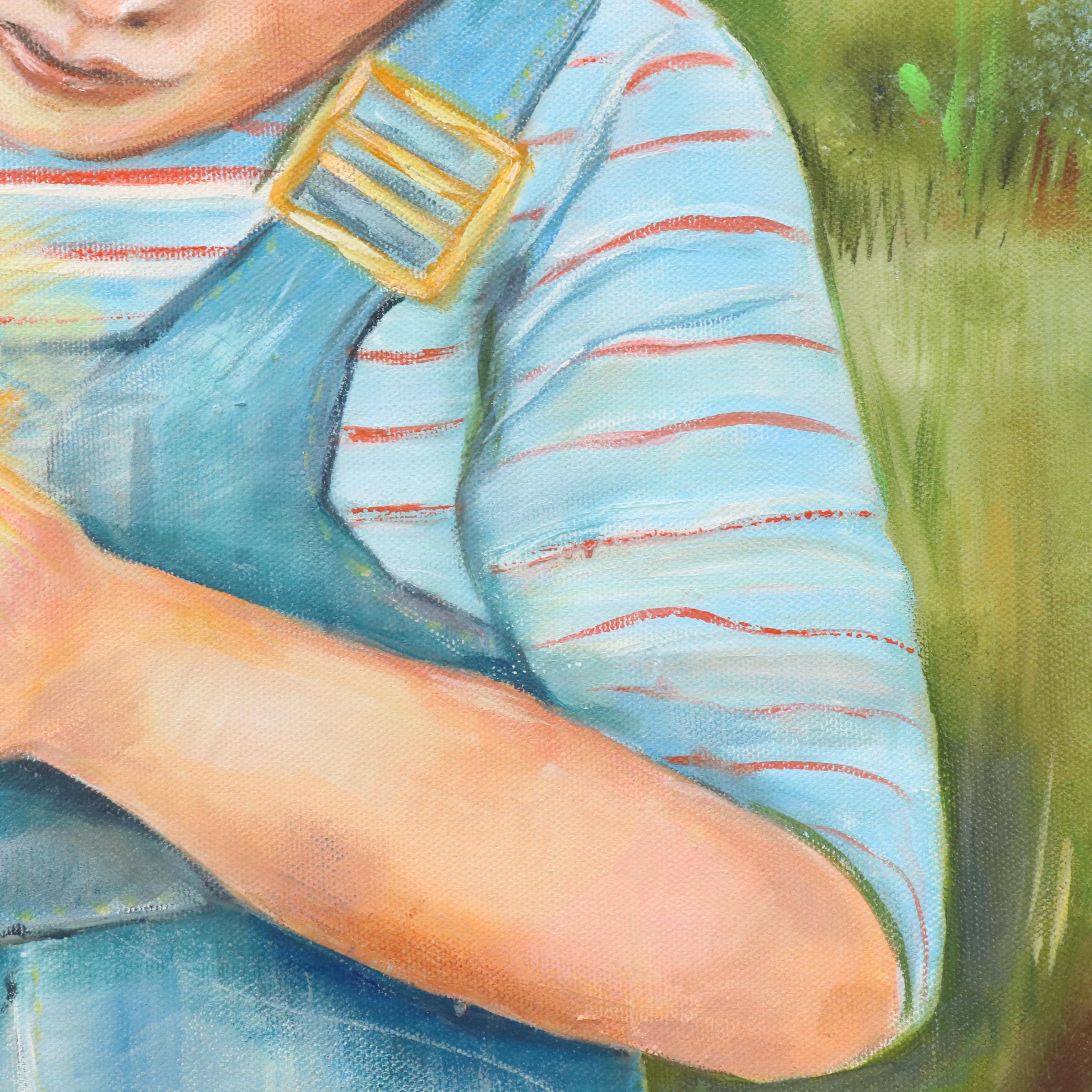 Oil Painting of Boy Holding Jar with Fairy, 21st Century