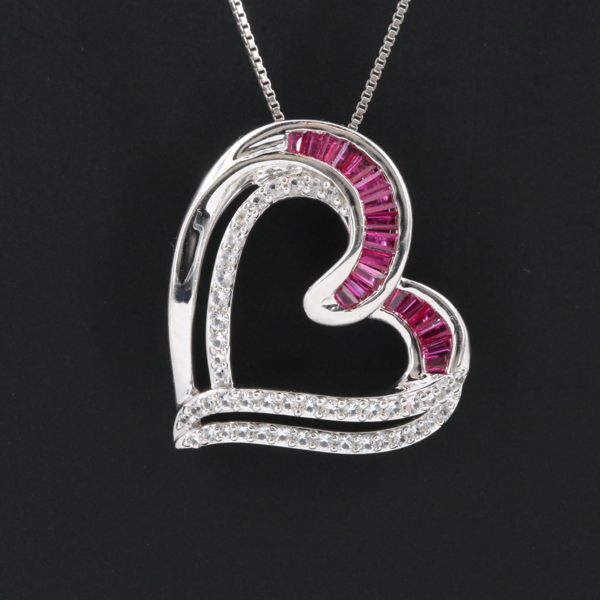 Sterling Ruby and White Sapphire Heart Pendant Necklace