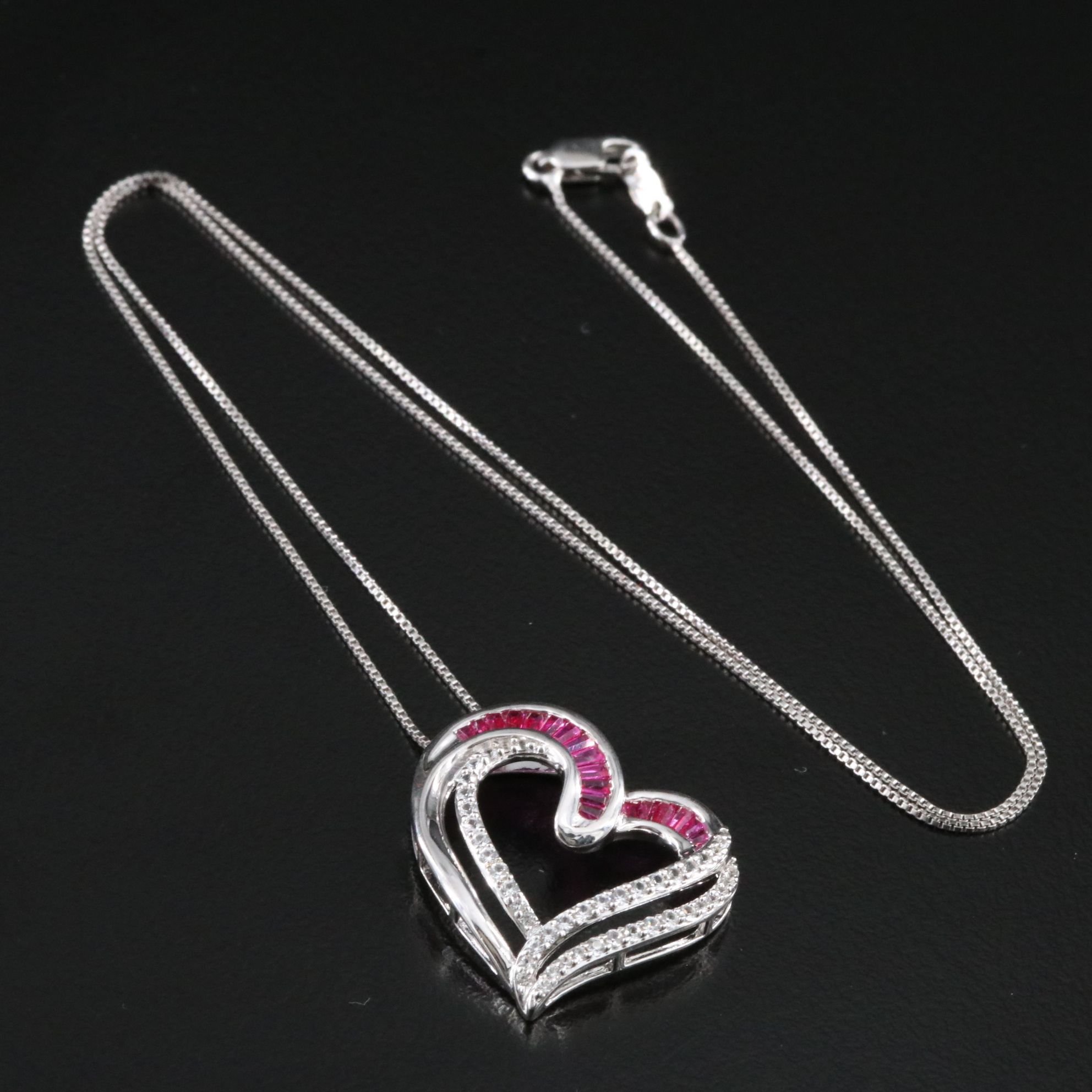 Sterling Ruby and White Sapphire Heart Pendant Necklace