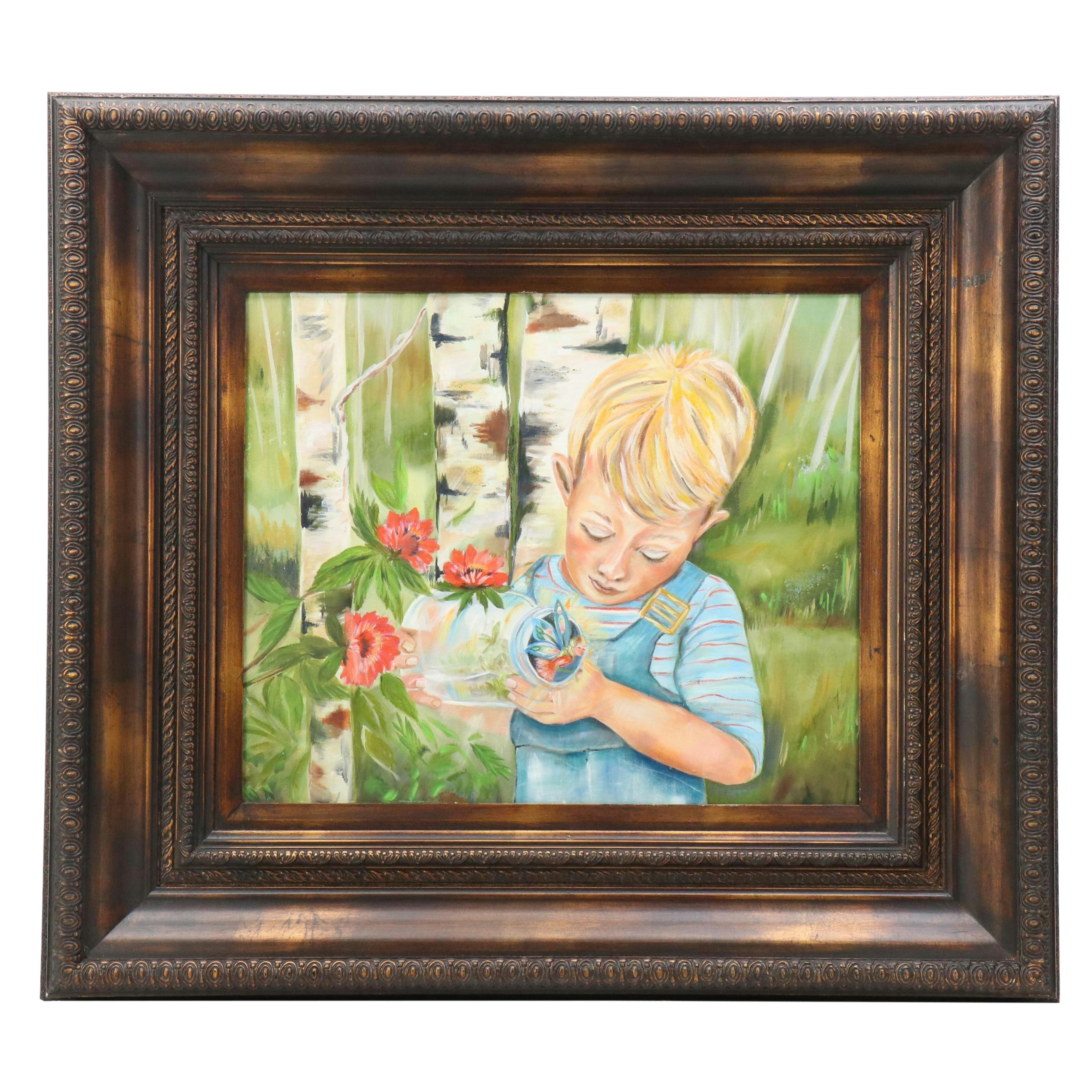 Oil Painting of Boy Holding Jar with Fairy, 21st Century