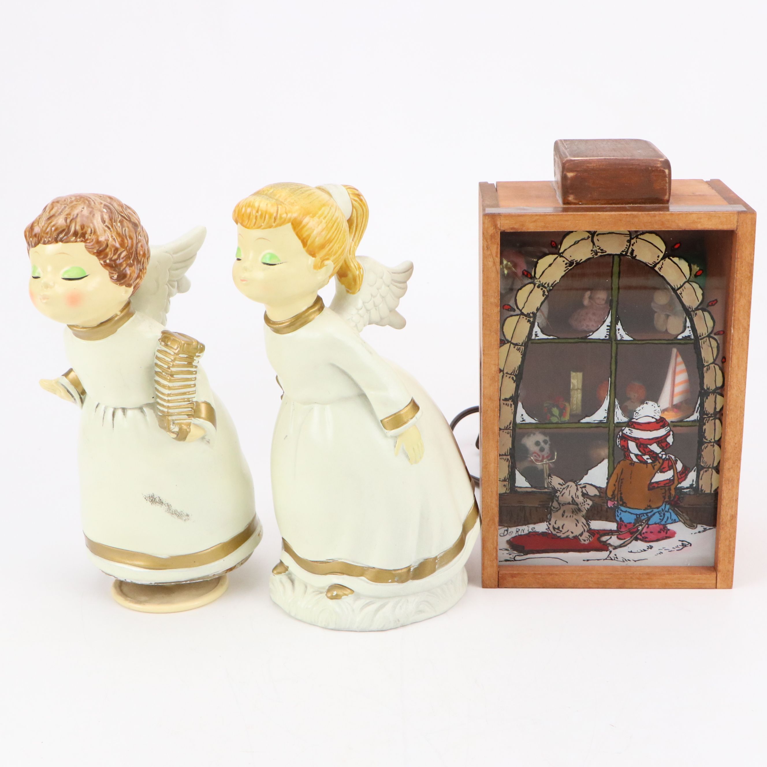 Mid-20th Century Japanese Ceramic Kissing Angels with Shadow Box