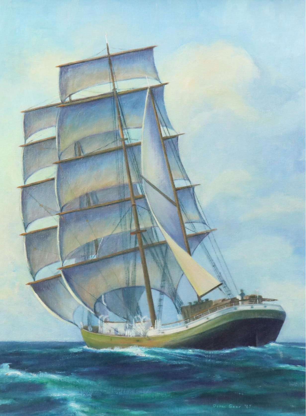 Donna Geer Maritime Oil Painting of Sailing Ship, 1967