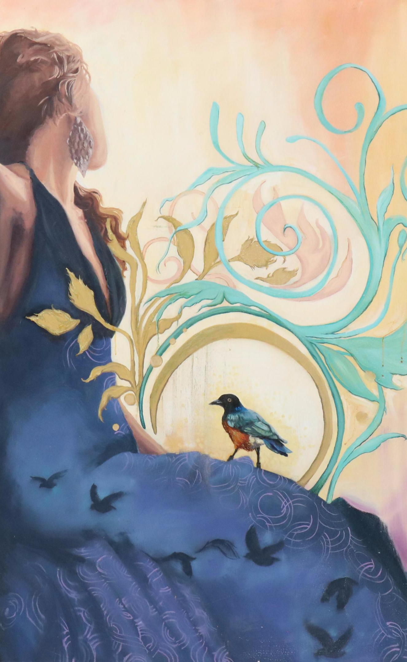 Oil Painting of Seated Woman in Blue Dress with Bird, 21st Century