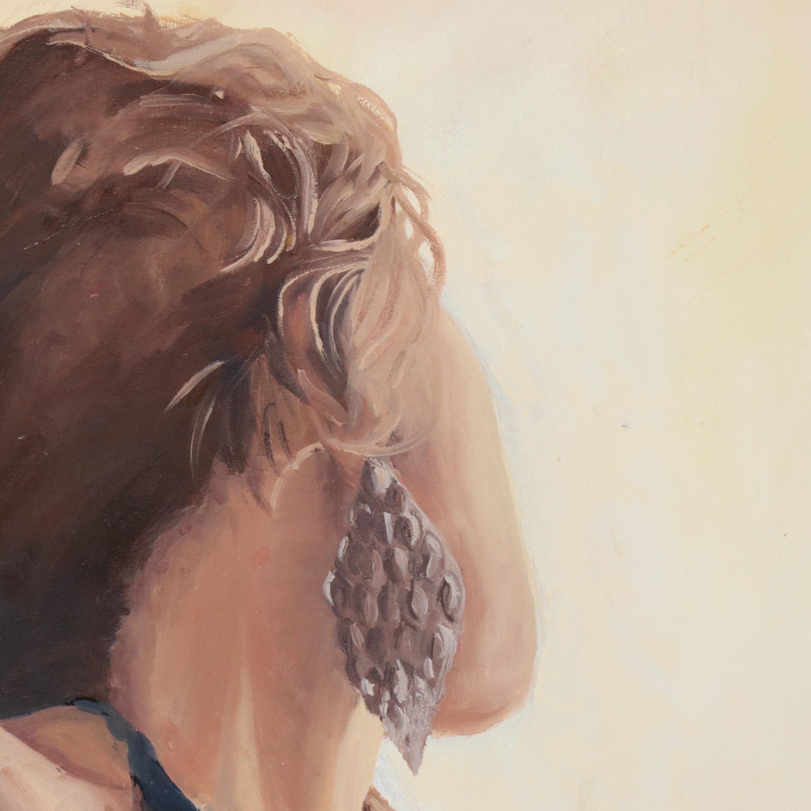 Oil Painting of Seated Woman in Blue Dress with Bird, 21st Century