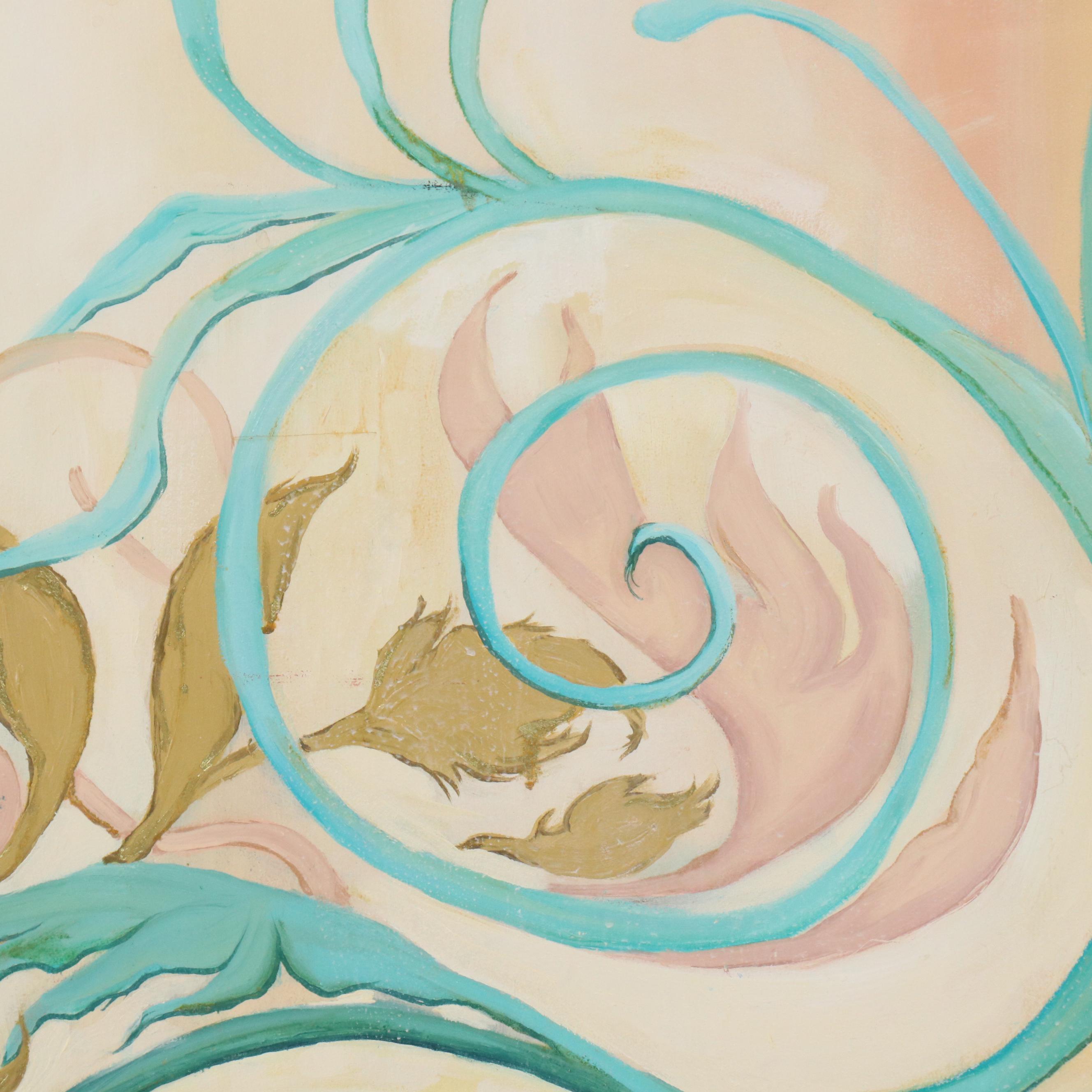 Oil Painting of Seated Woman in Blue Dress with Bird, 21st Century