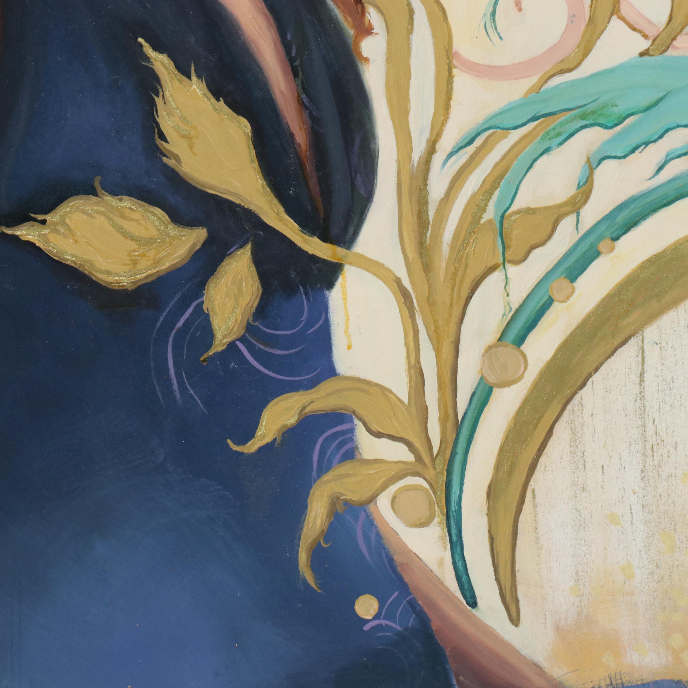 Oil Painting of Seated Woman in Blue Dress with Bird, 21st Century