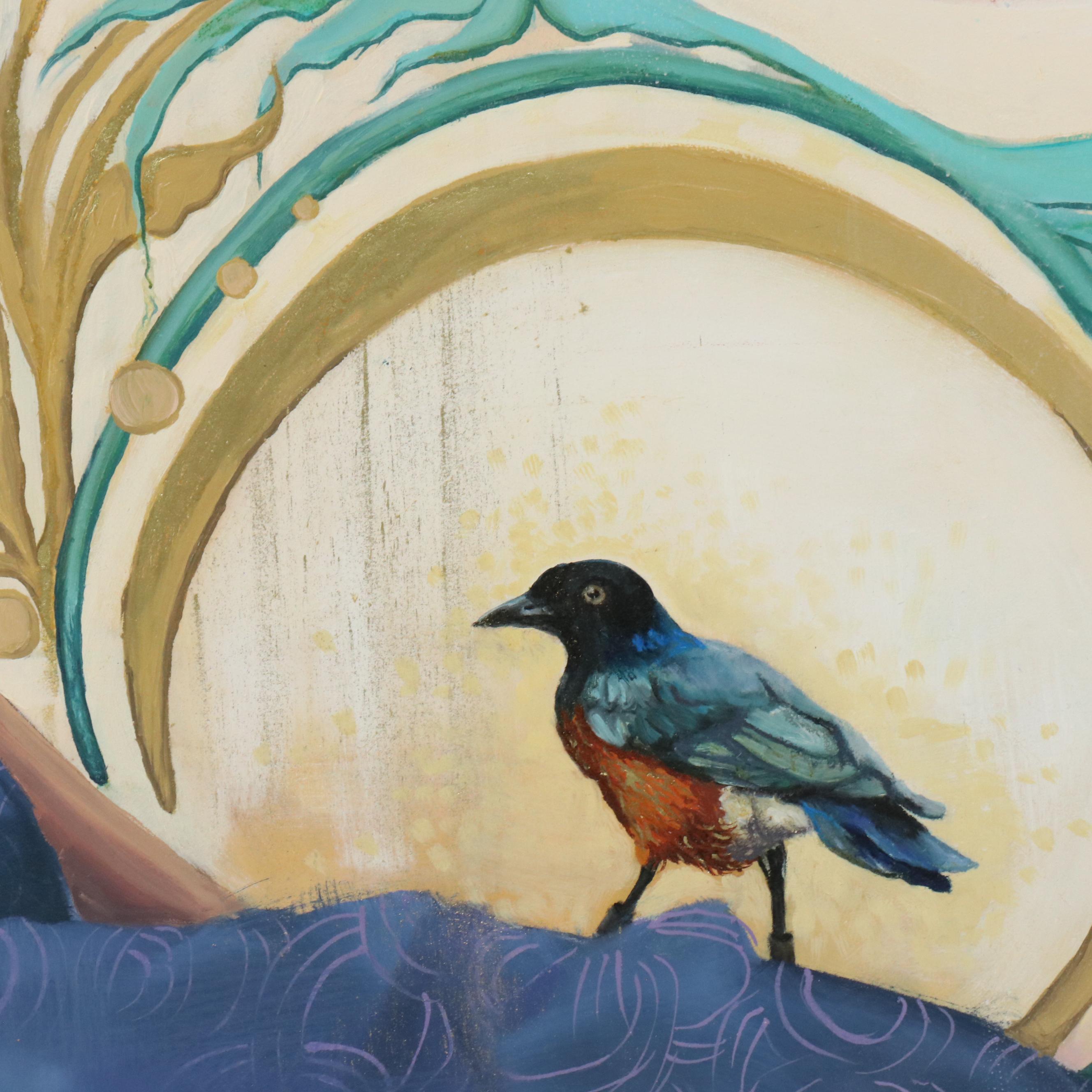 Oil Painting of Seated Woman in Blue Dress with Bird, 21st Century