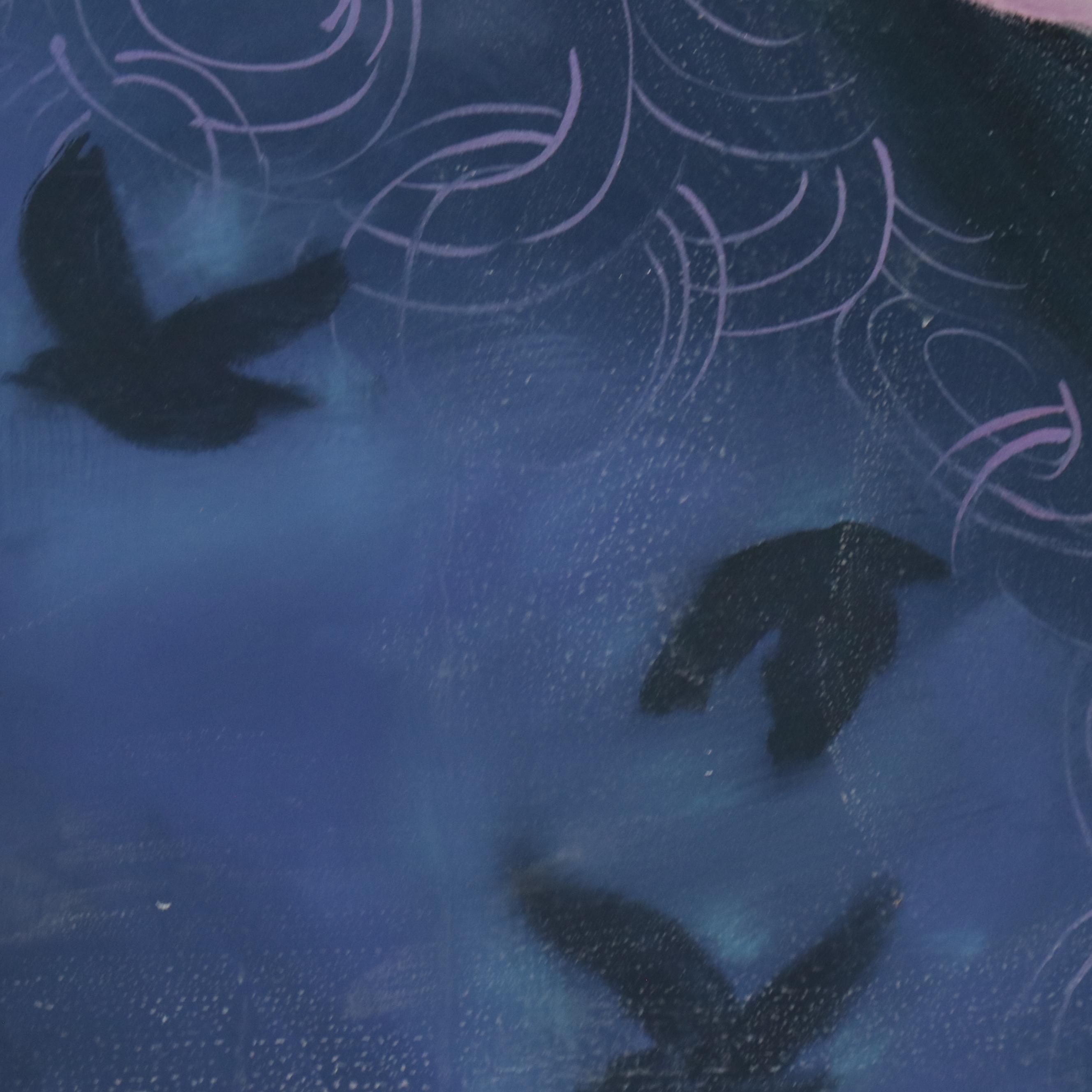 Oil Painting of Seated Woman in Blue Dress with Bird, 21st Century