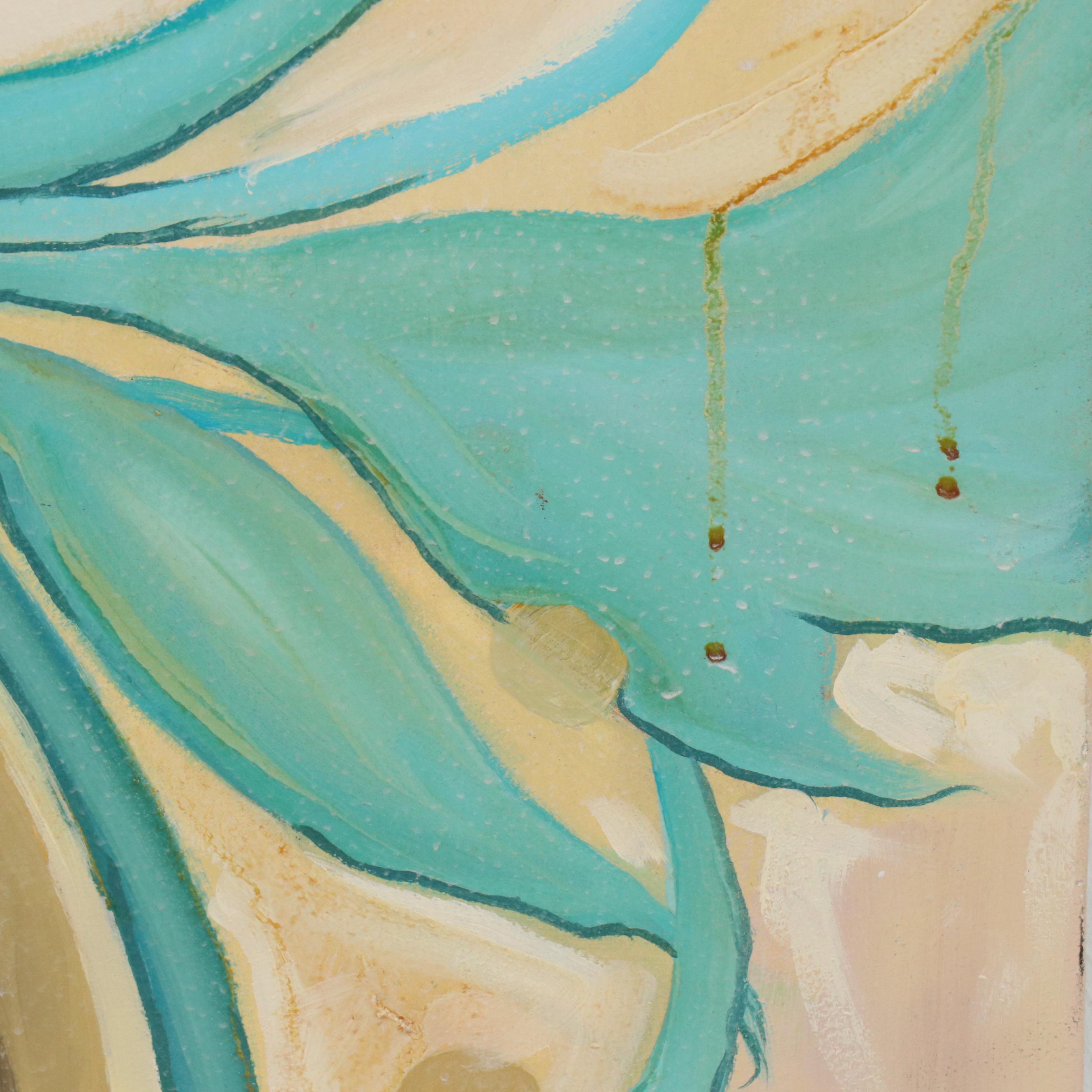 Oil Painting of Seated Woman in Blue Dress with Bird, 21st Century