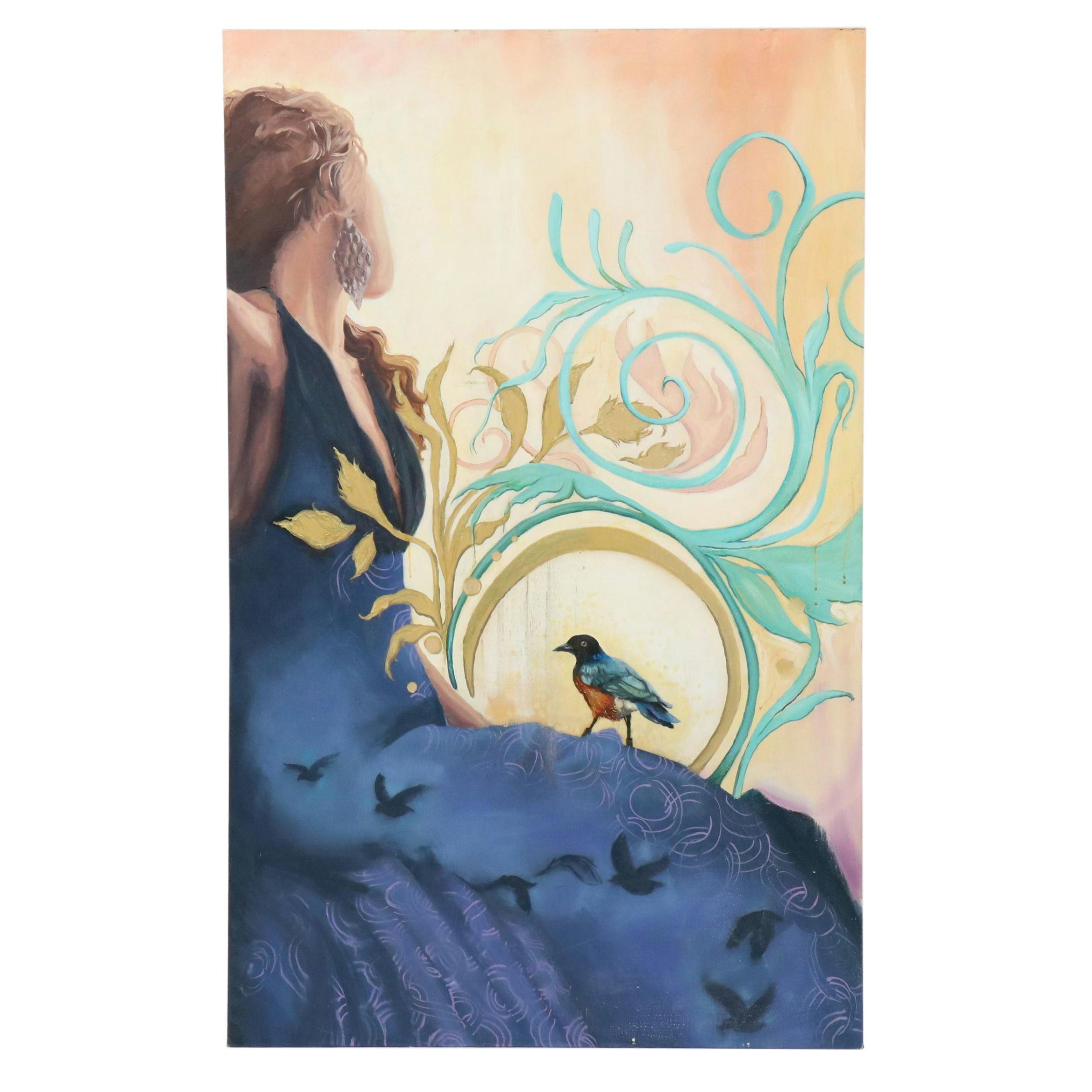 Oil Painting of Seated Woman in Blue Dress with Bird, 21st Century