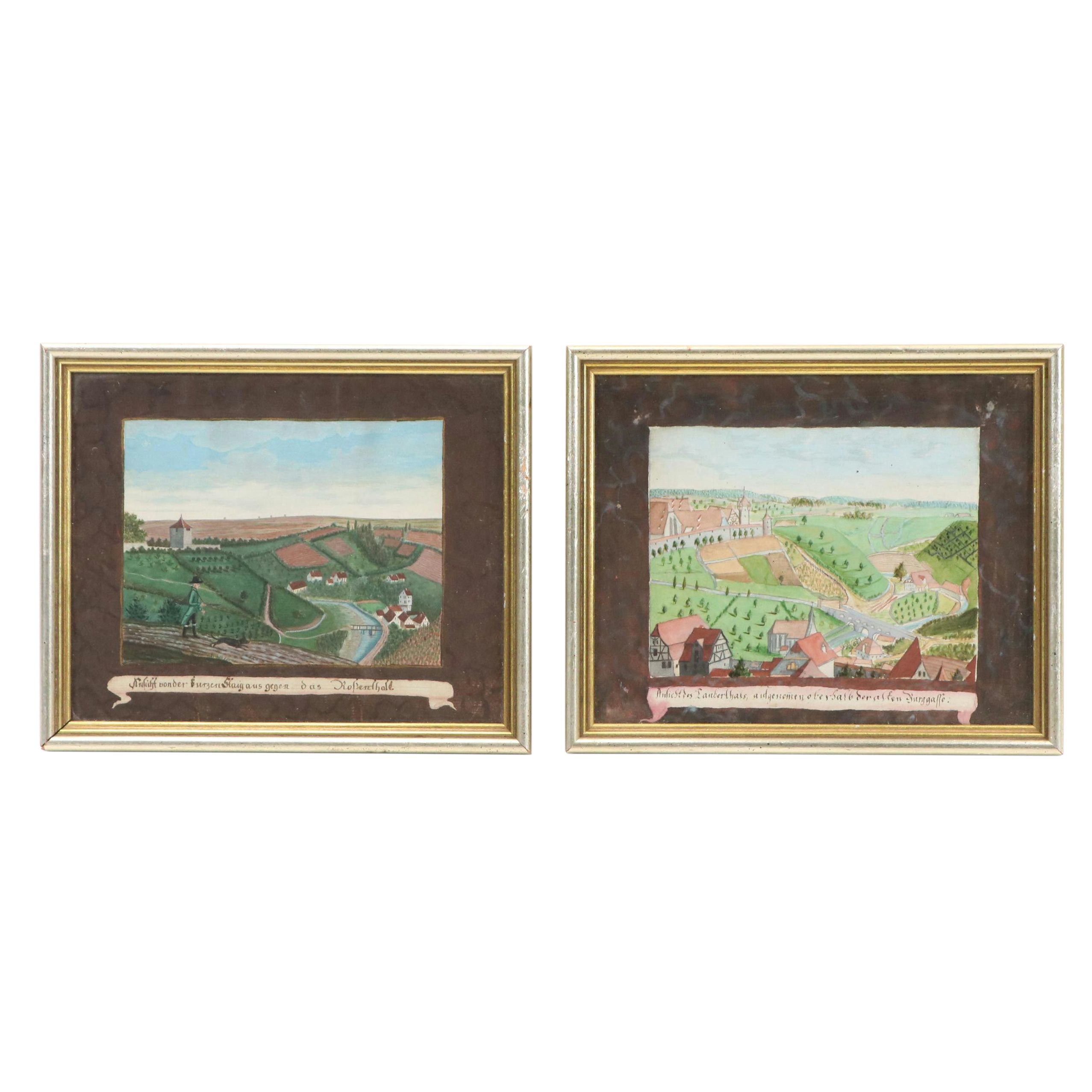 German School Watercolor Paintings of Rural Landscapes, 1795
