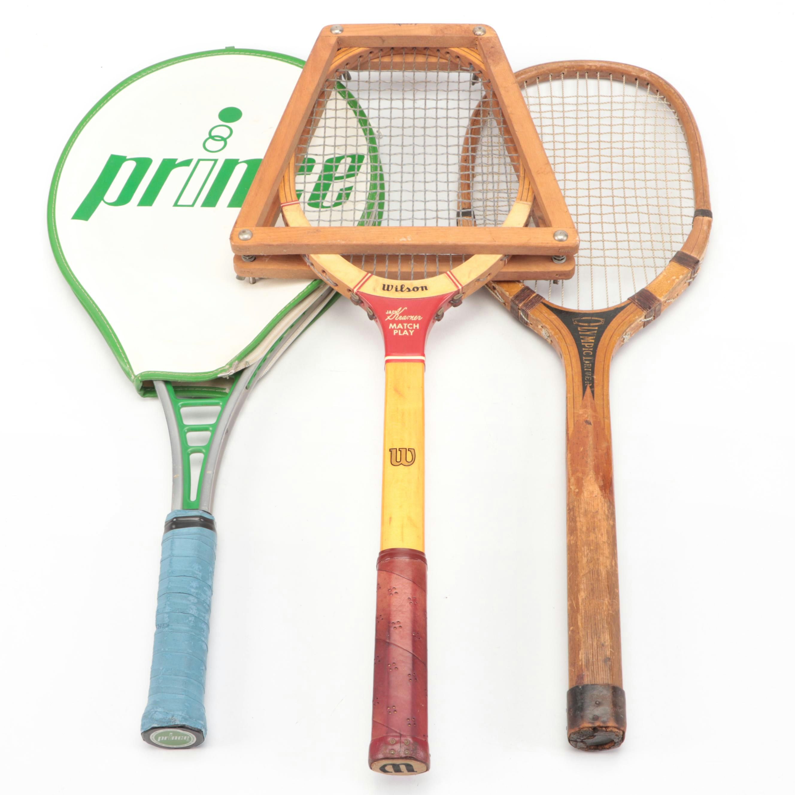 Wilson, E. Kent and Prince Tennis Rackets with Wood Bracket Press, Racket Sleeve