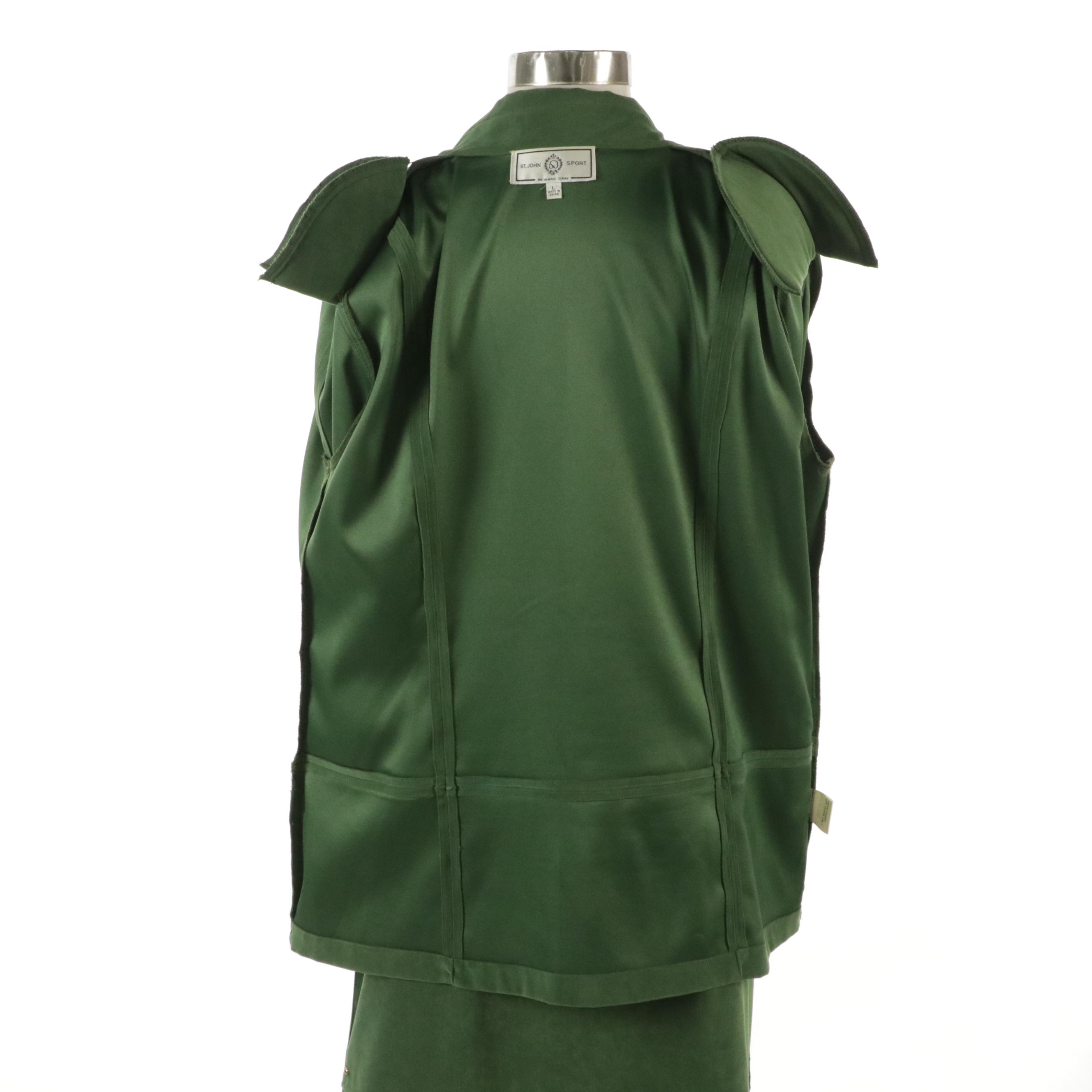 St. John Sport Wrap Skirt and Blazer Set in Gold Studded Green