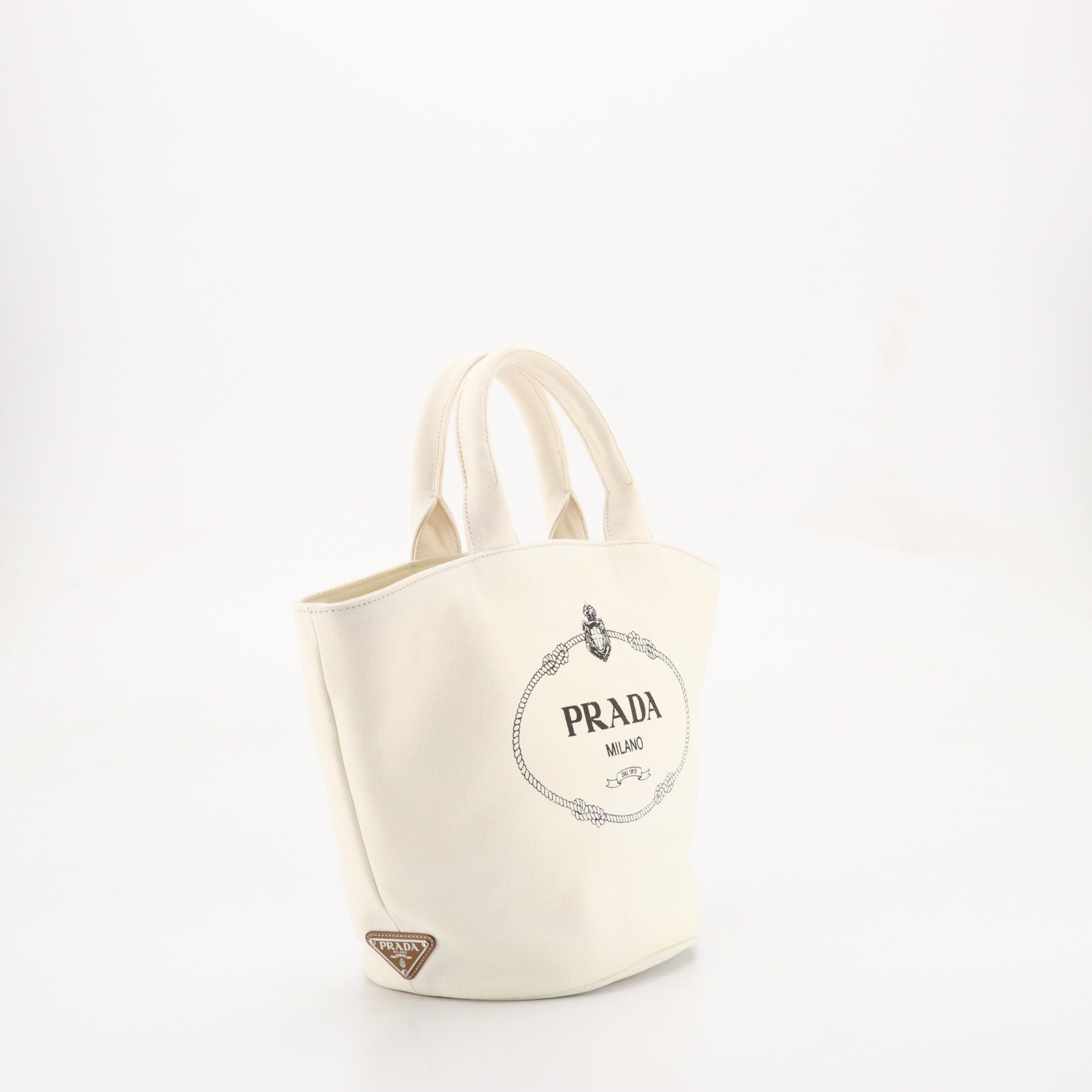 Prada Canapa Logo Two-Way Bucket Tote and Zip Pouch in White Canvas