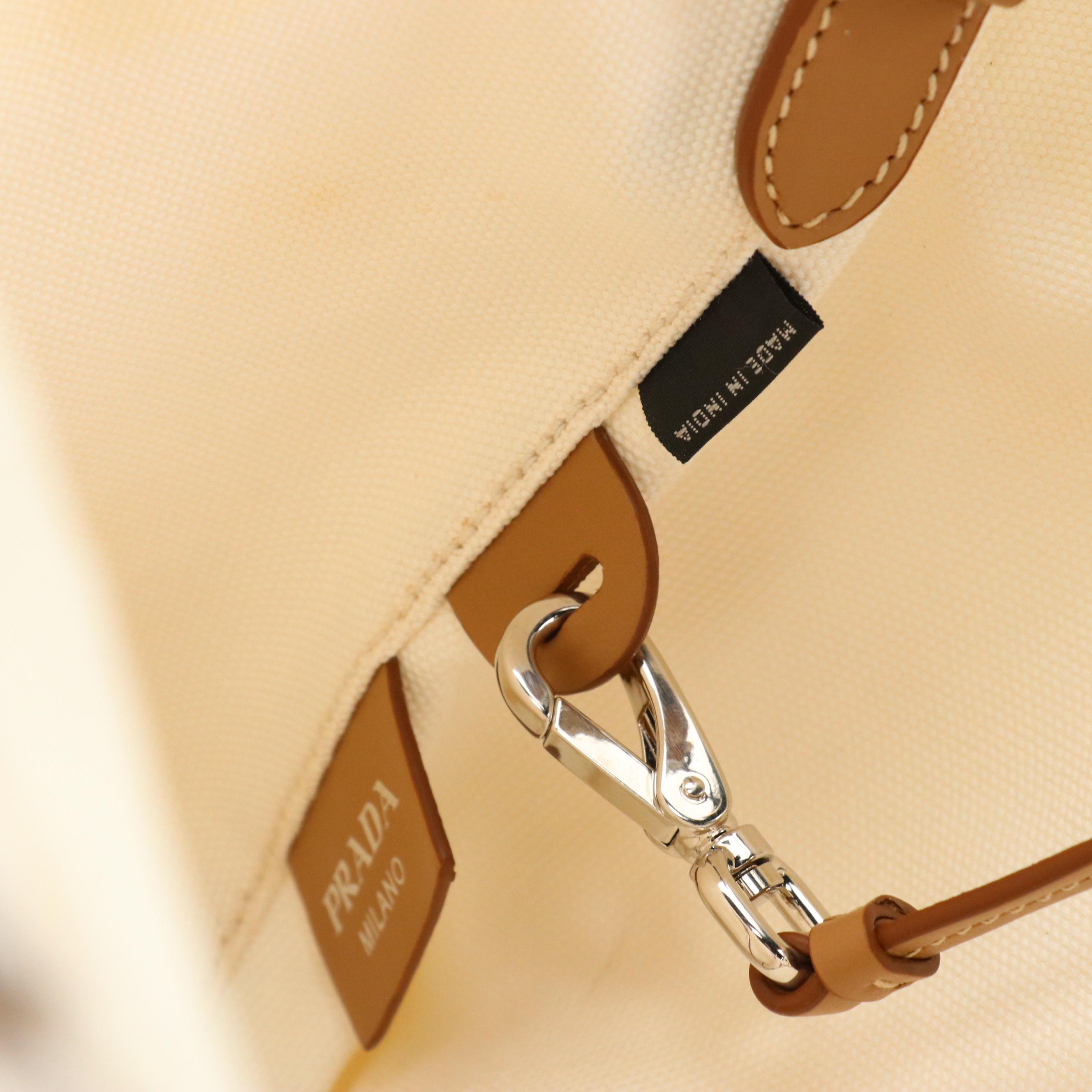 Prada Canapa Logo Two-Way Bucket Tote and Zip Pouch in White Canvas