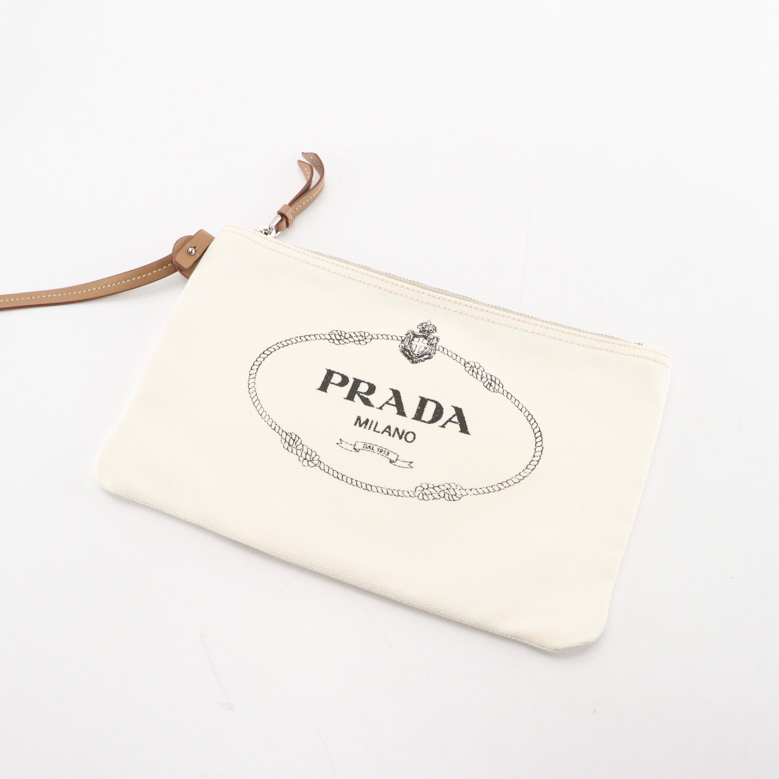 Prada Canapa Logo Two-Way Bucket Tote and Zip Pouch in White Canvas