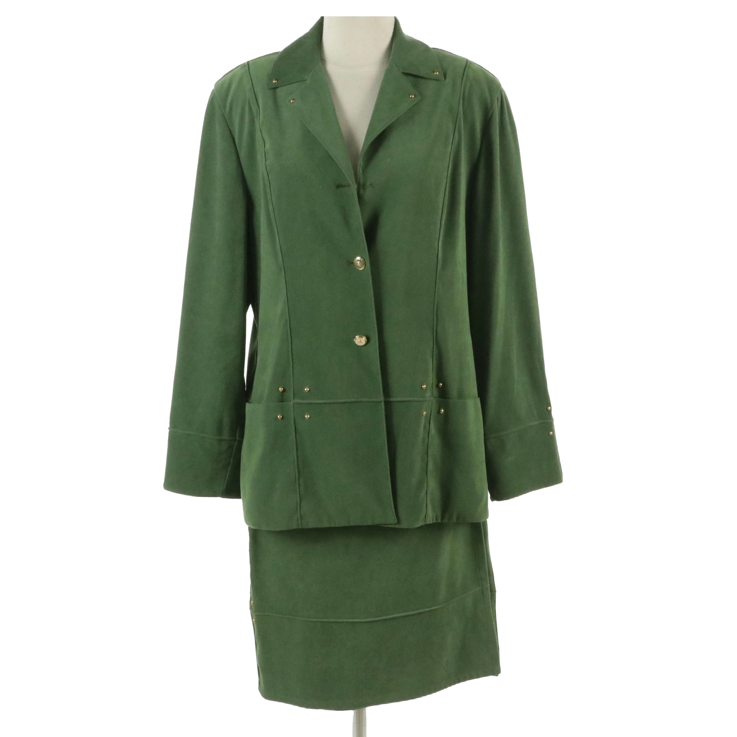 St. John Sport Wrap Skirt and Blazer Set in Gold Studded Green