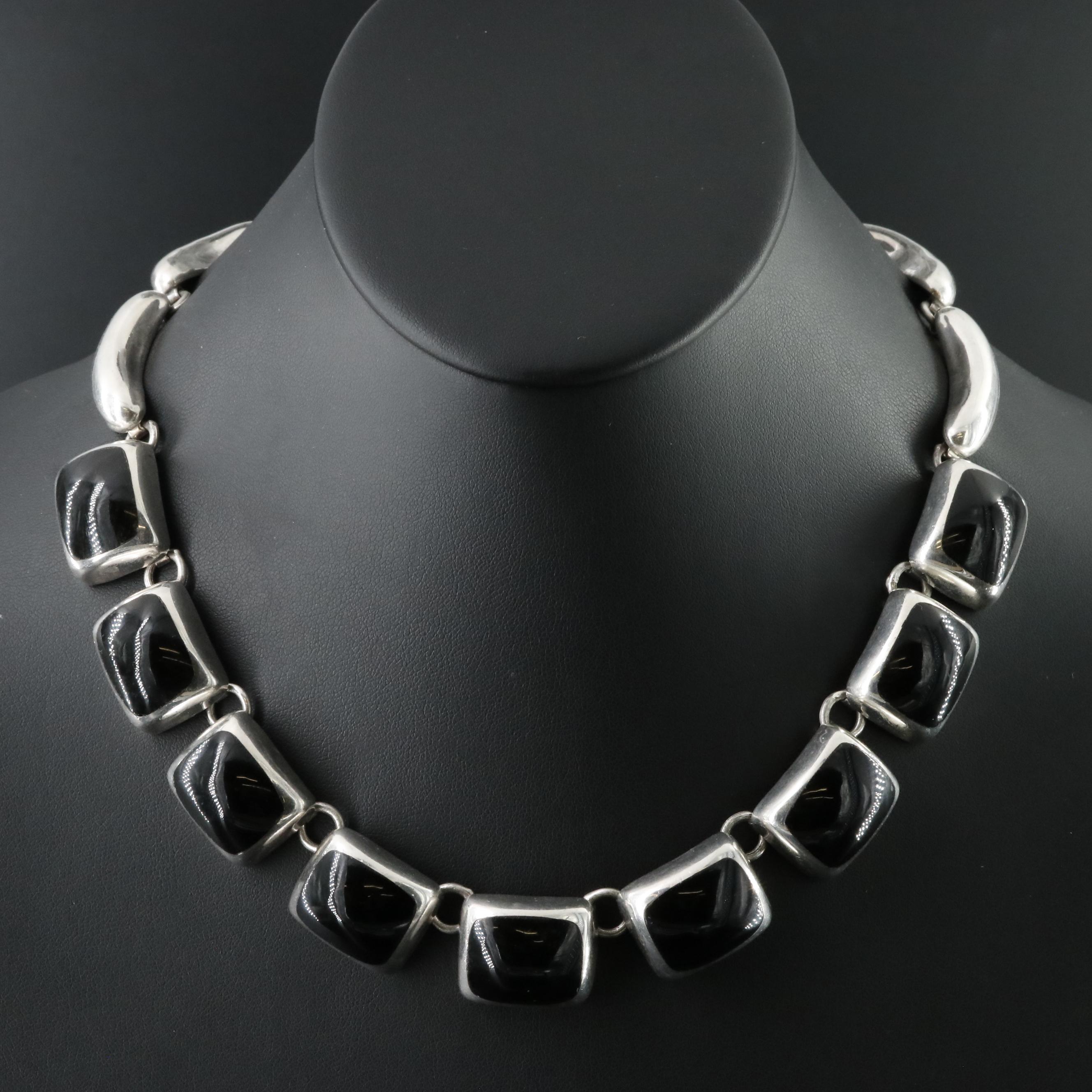 Mexican Sterling Obsidian Collar Necklace