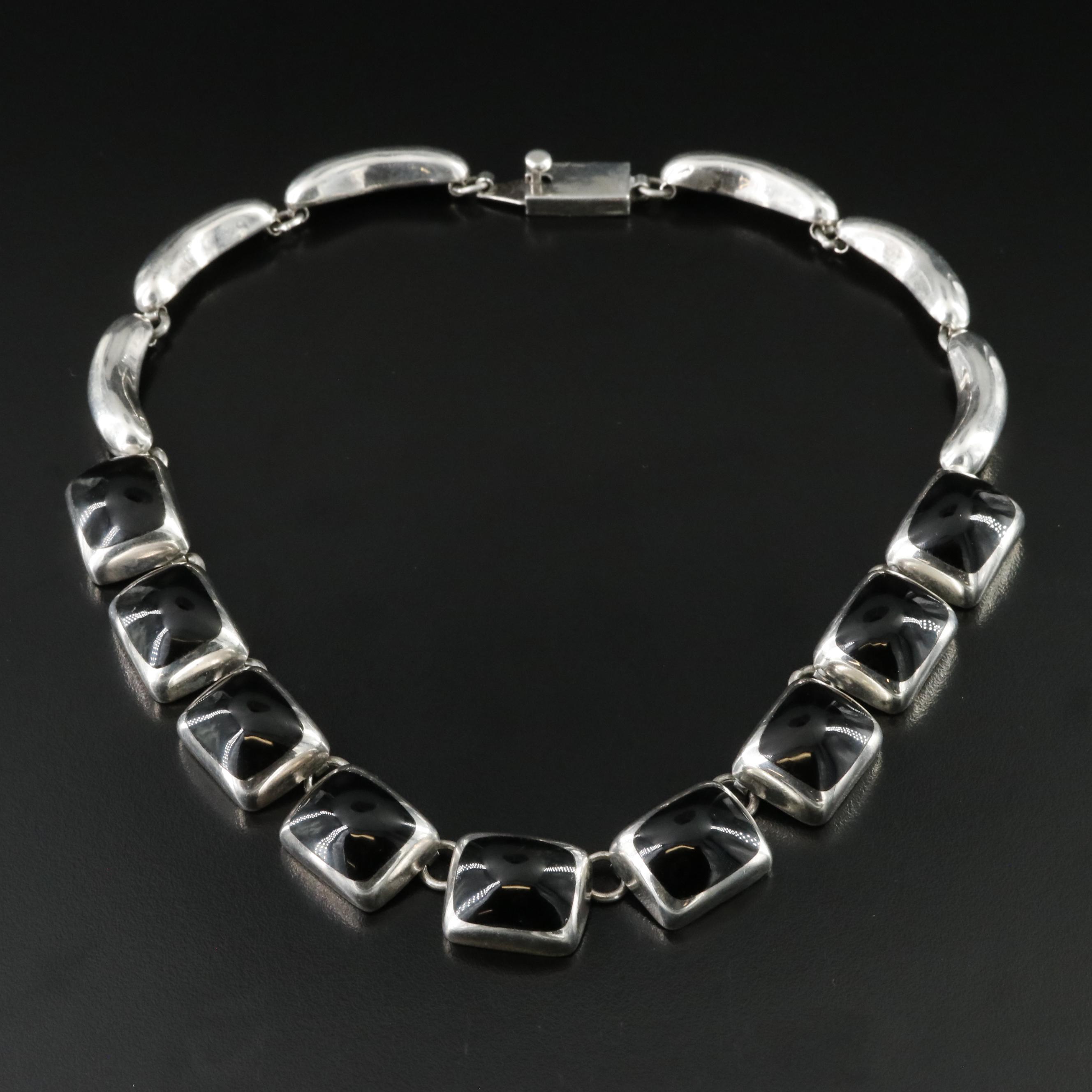 Mexican Sterling Obsidian Collar Necklace