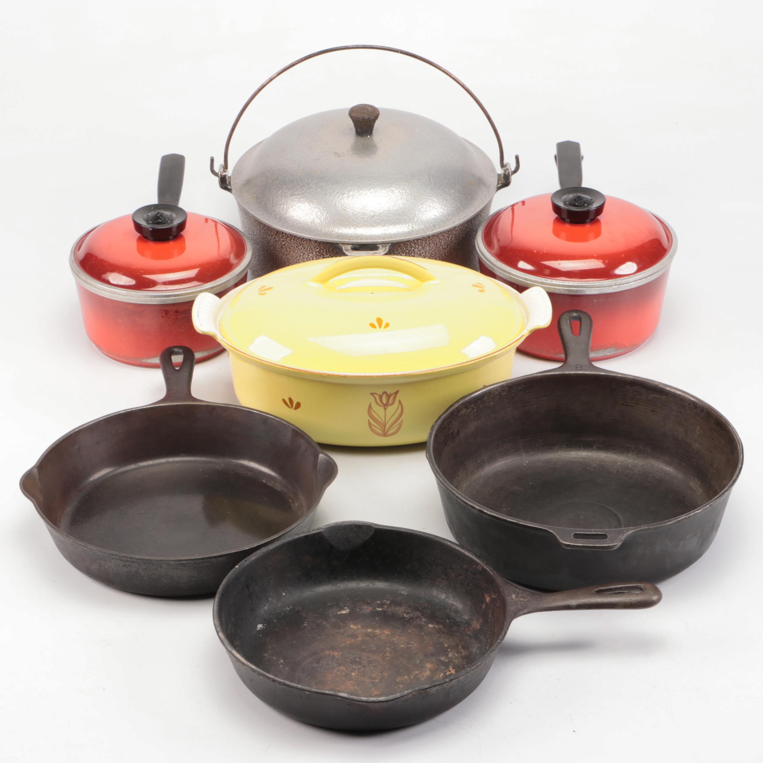 Vintage Cast Iron with Other Pots and Pans, Mid to Late 20th Century