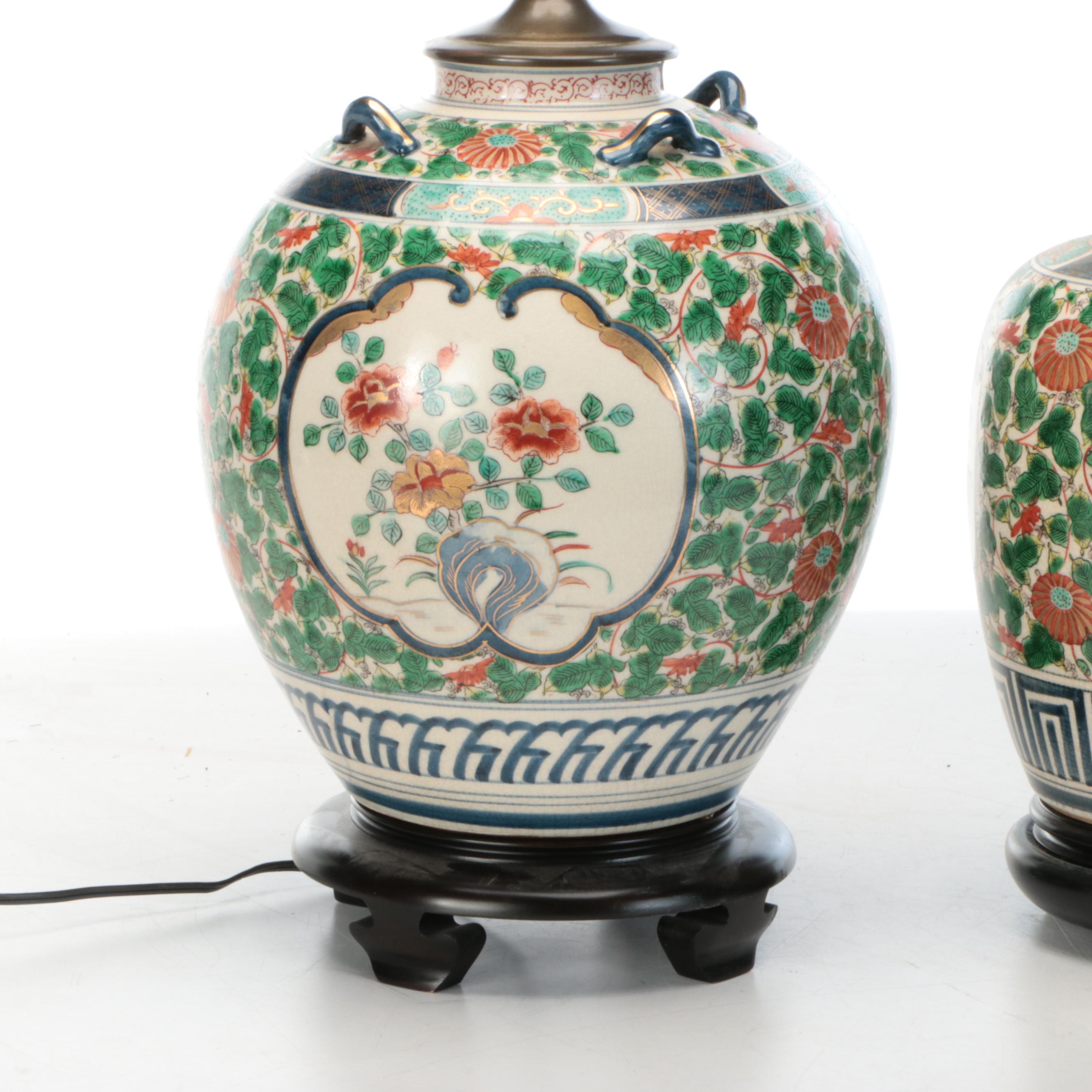 Chinese Famille Verte Porcelain Wine Jar and Ginger Jar Table Lamps