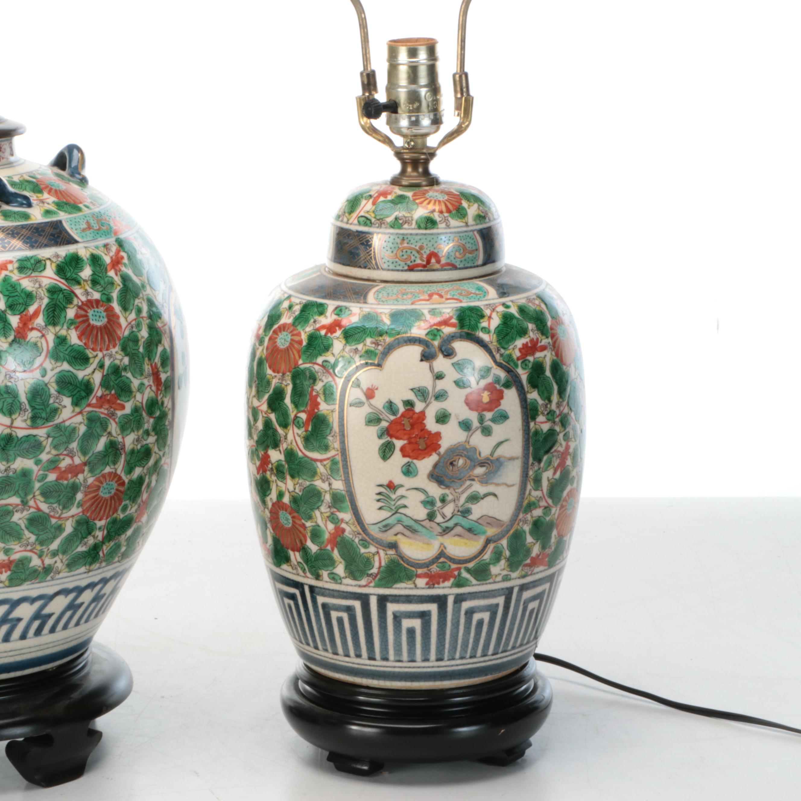 Chinese Famille Verte Porcelain Wine Jar and Ginger Jar Table Lamps