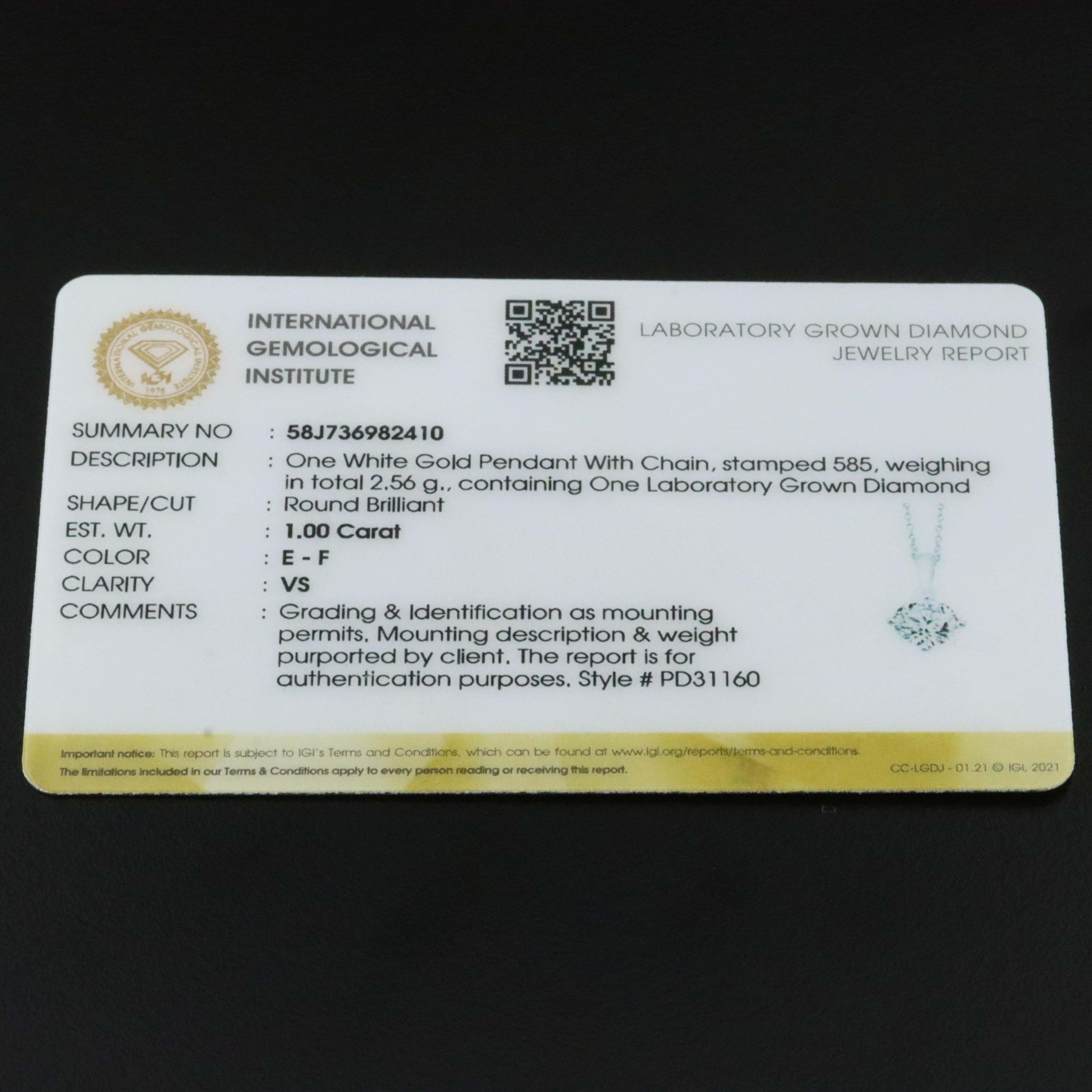 14K 1.00 CT Lab Grown Diamond Solitaire Pendant Necklace with IGI Jewelry Report