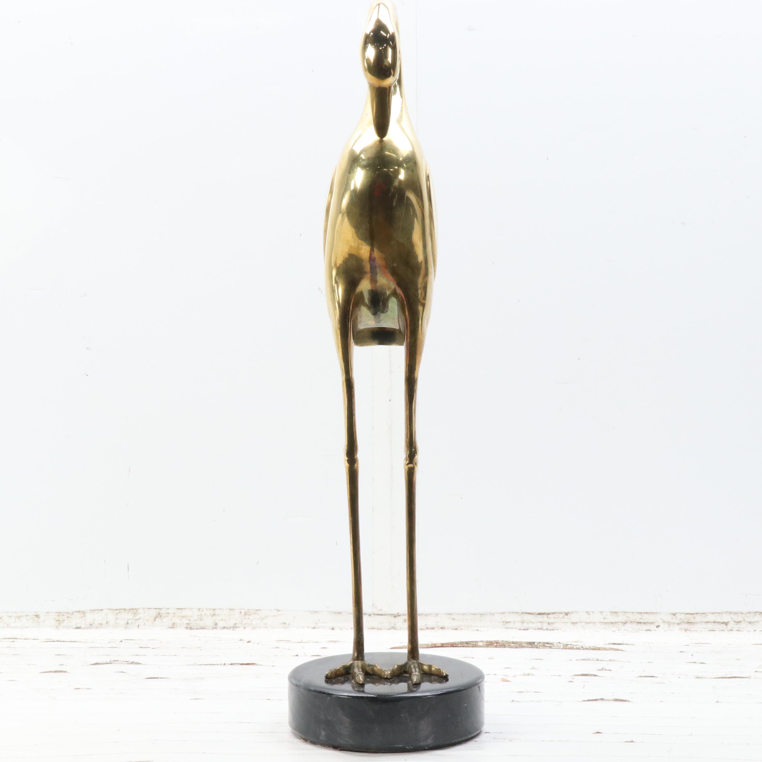 Dolbi Cashier Cast Brass Preening Stork on Stone Base, 1980