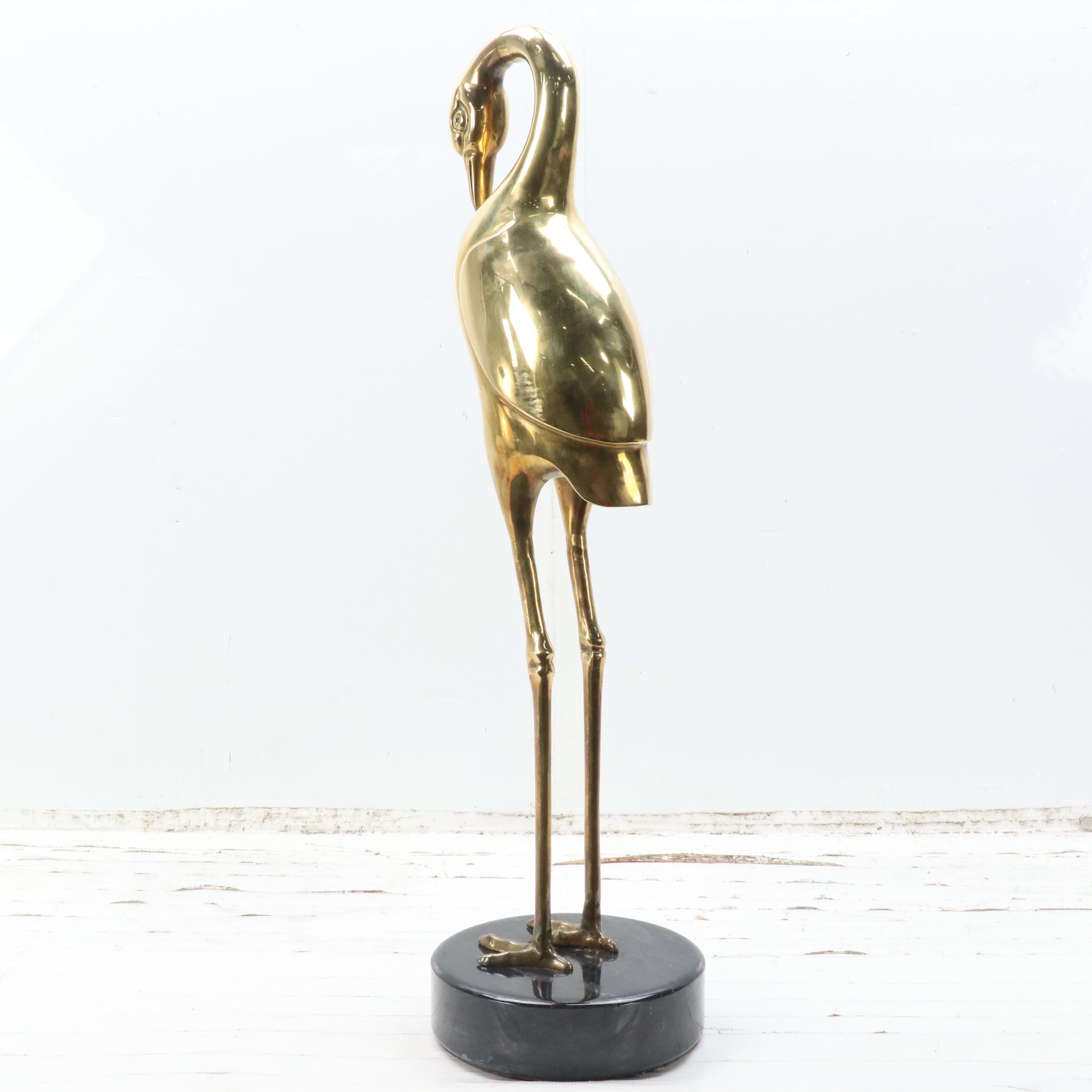 Dolbi Cashier Cast Brass Preening Stork on Stone Base, 1980