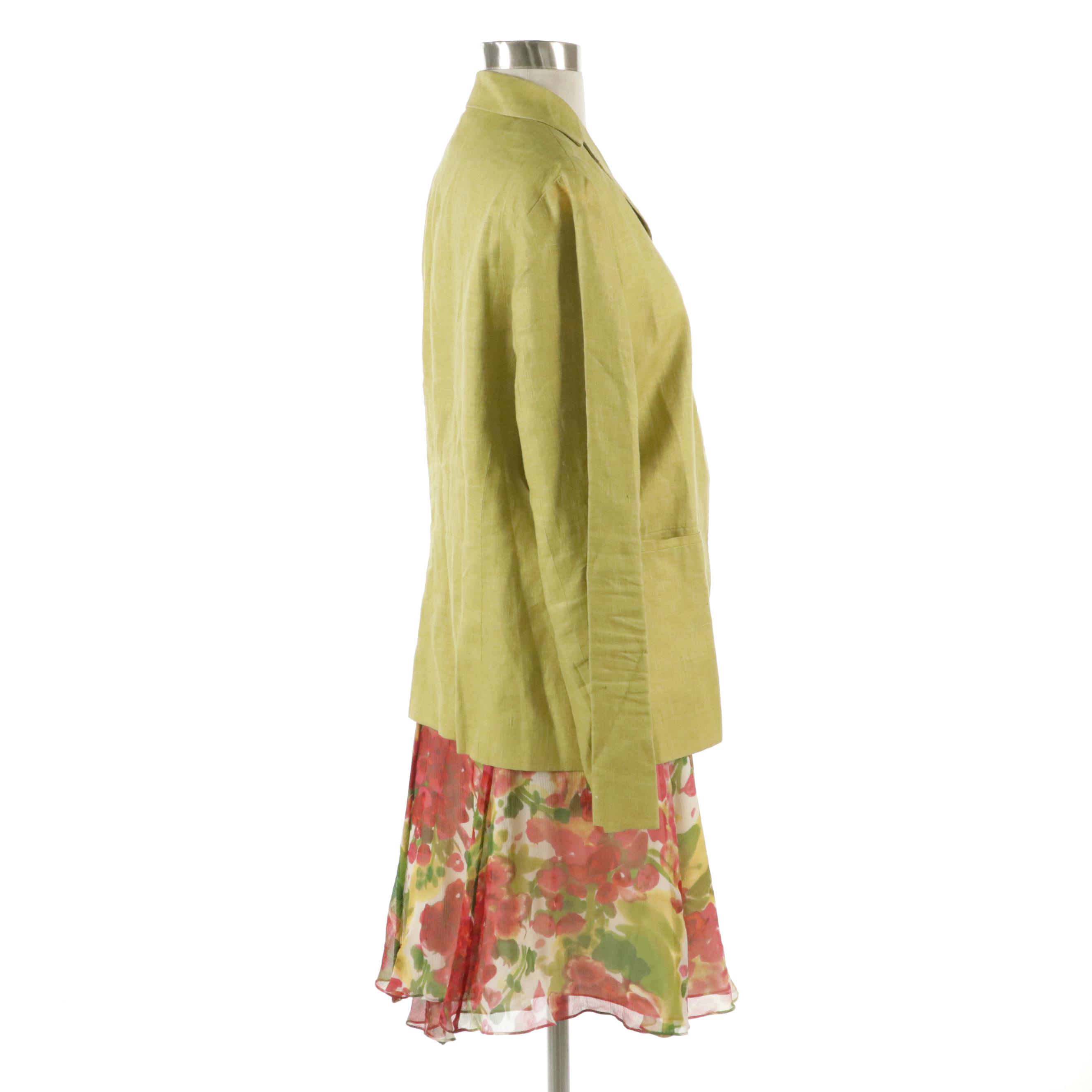 Shin Choi Silk Floral Printed Flared Skirt and Finity Studio Linen Blazer
