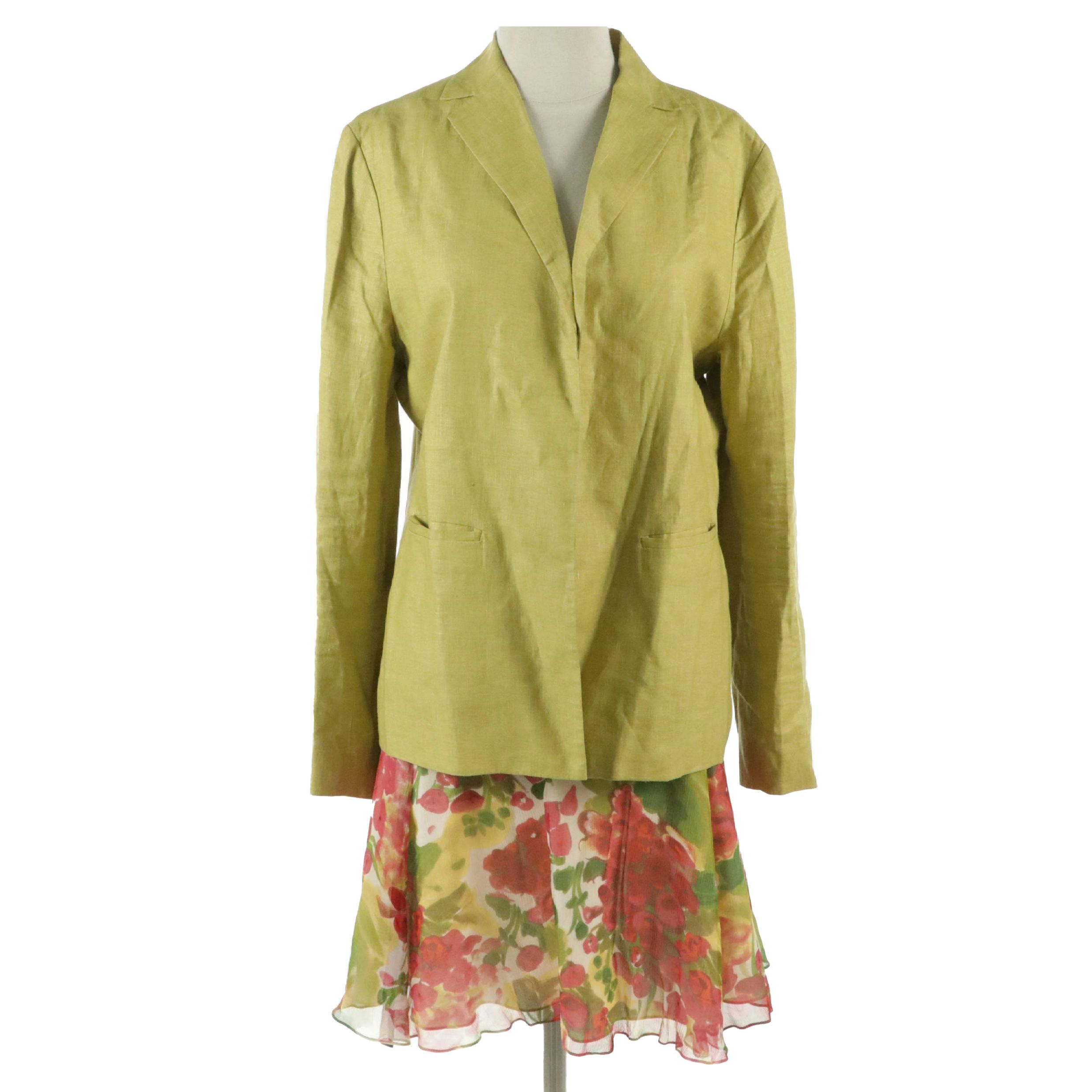 Shin Choi Silk Floral Printed Flared Skirt and Finity Studio Linen Blazer