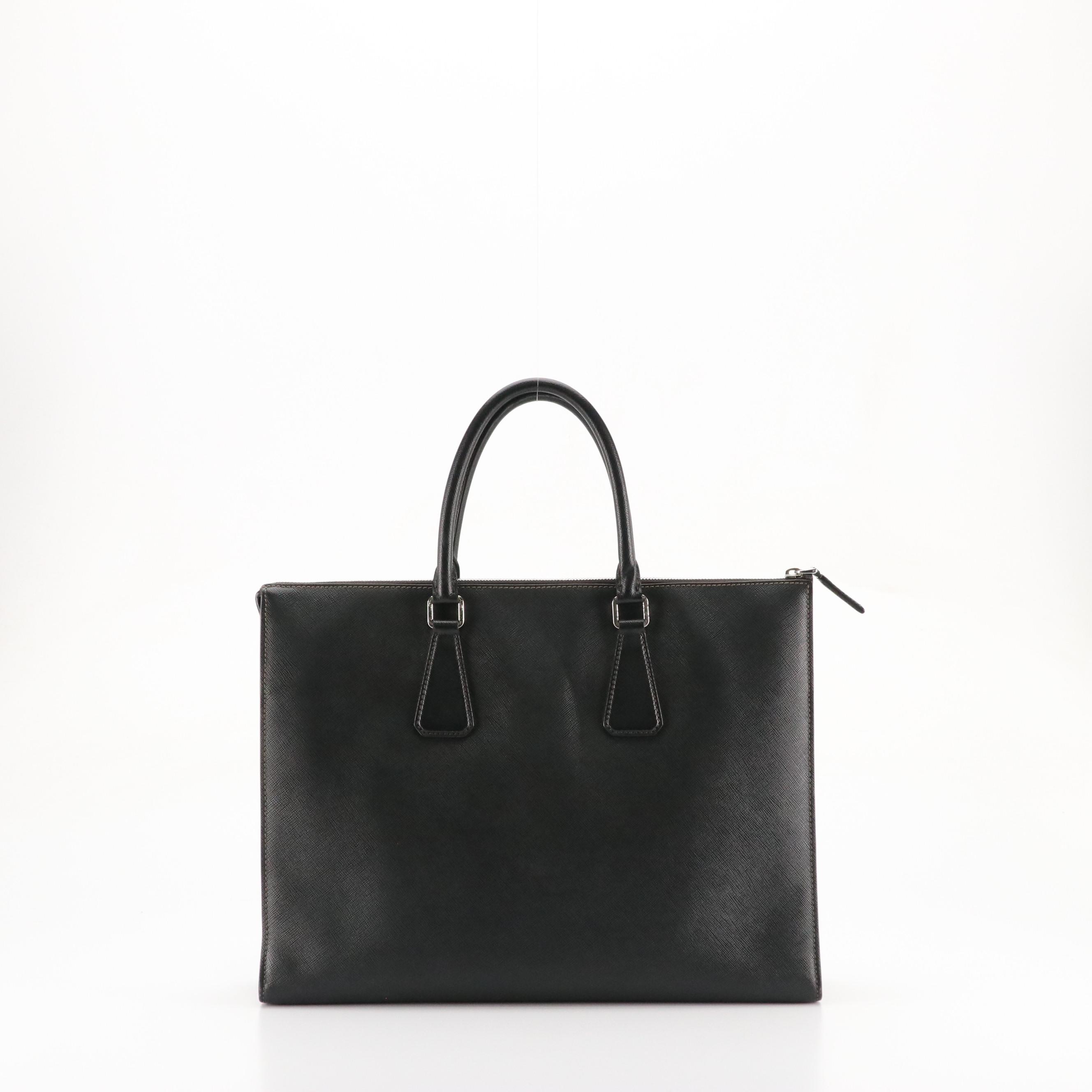 Prada Black Saffiano Leather and Blue Embossed Canapa Logo Travel Briefcase