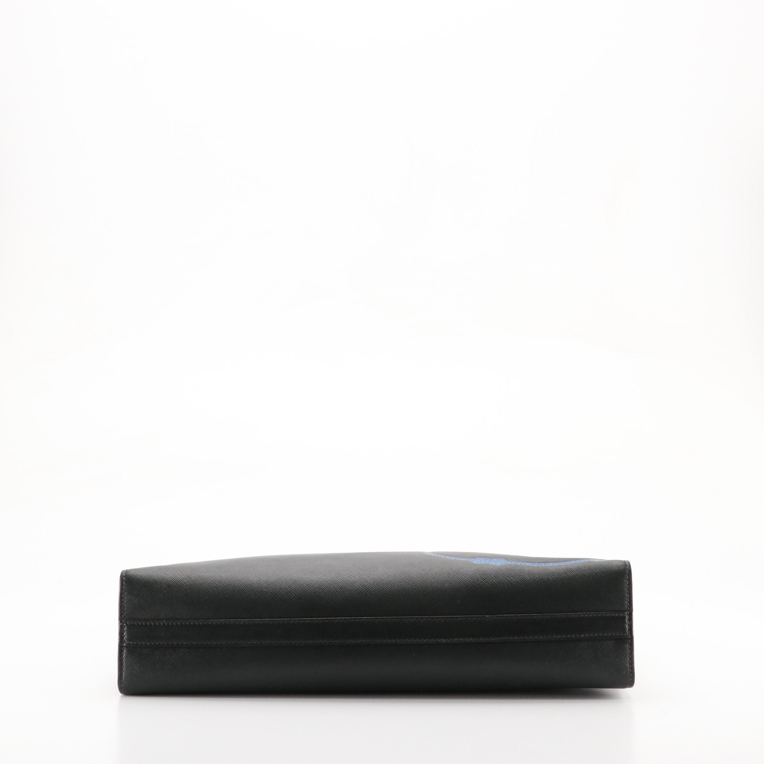 Prada Black Saffiano Leather and Blue Embossed Canapa Logo Travel Briefcase