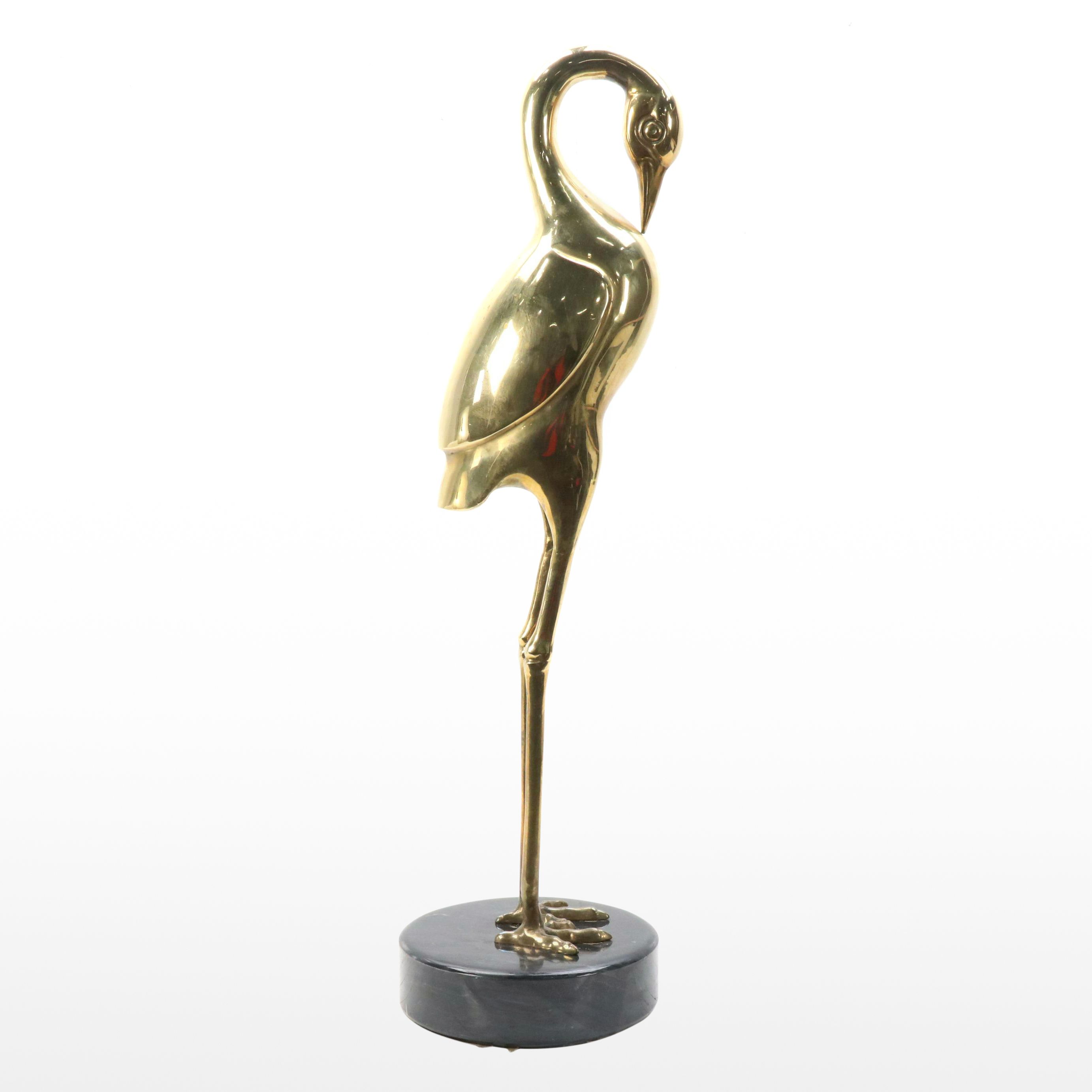 Dolbi Cashier Cast Brass Preening Stork on Stone Base, 1980