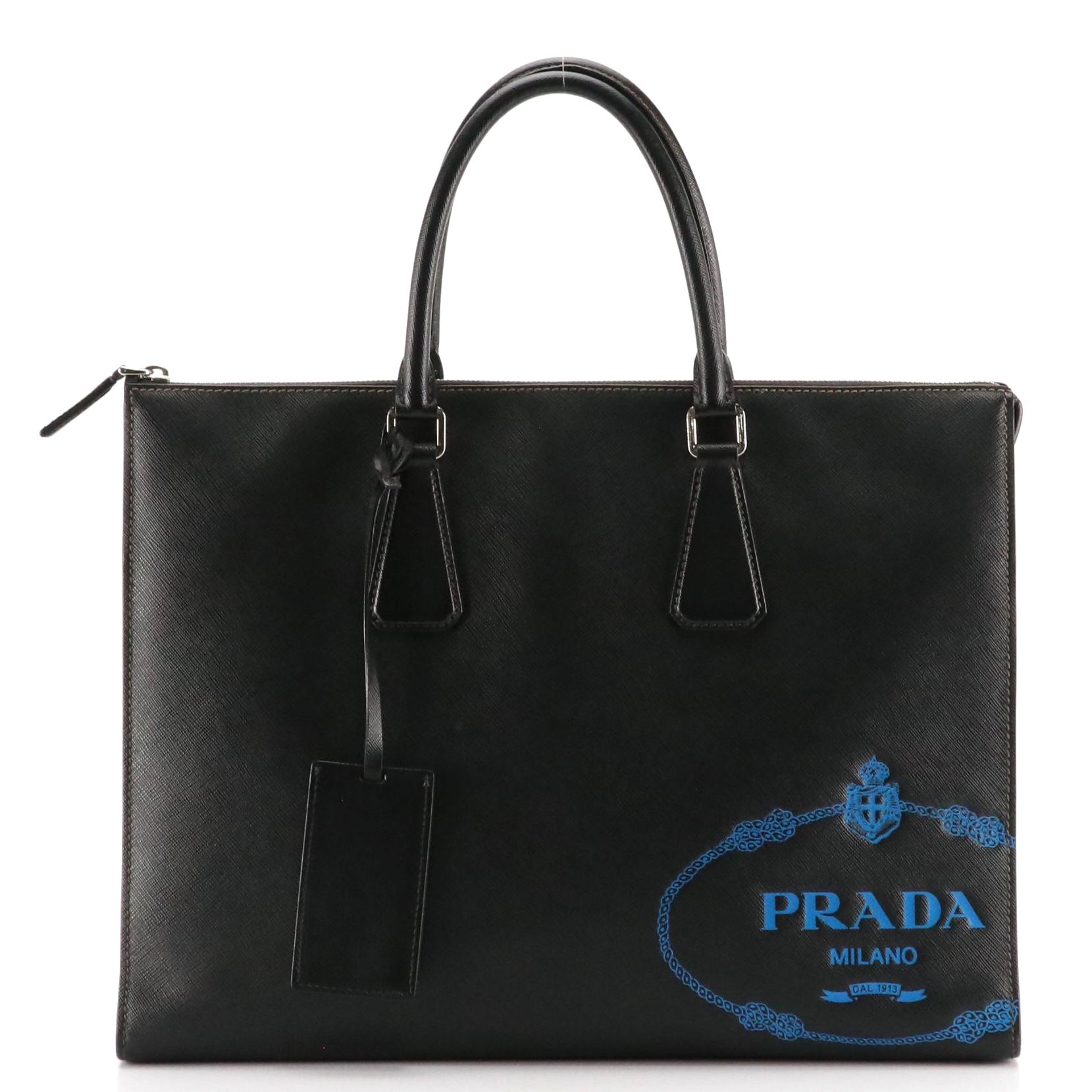 Prada Black Saffiano Leather and Blue Embossed Canapa Logo Travel Briefcase