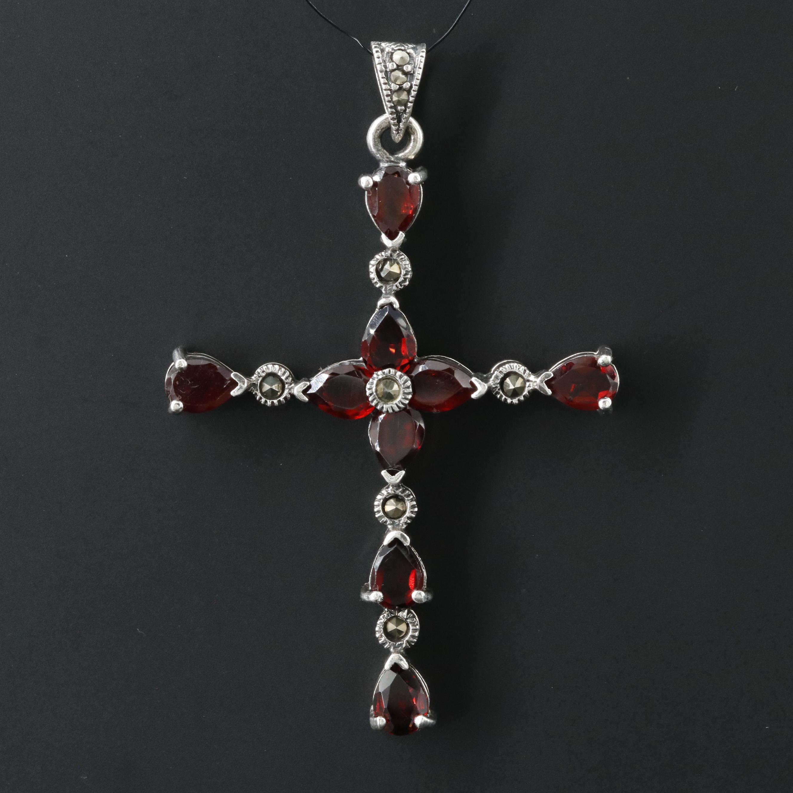 Sterling Garnet and Marcasite Cross Pendant