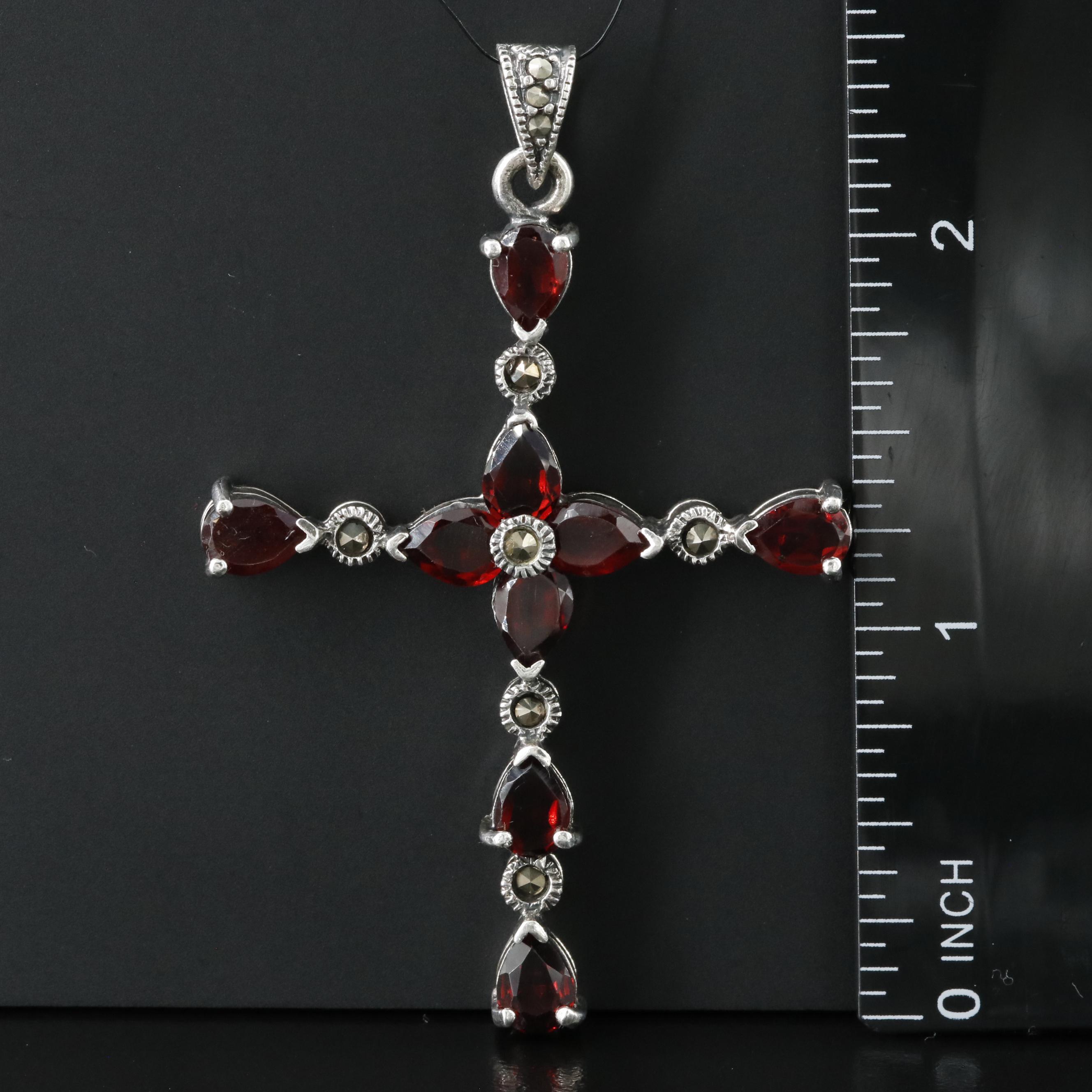Sterling Garnet and Marcasite Cross Pendant