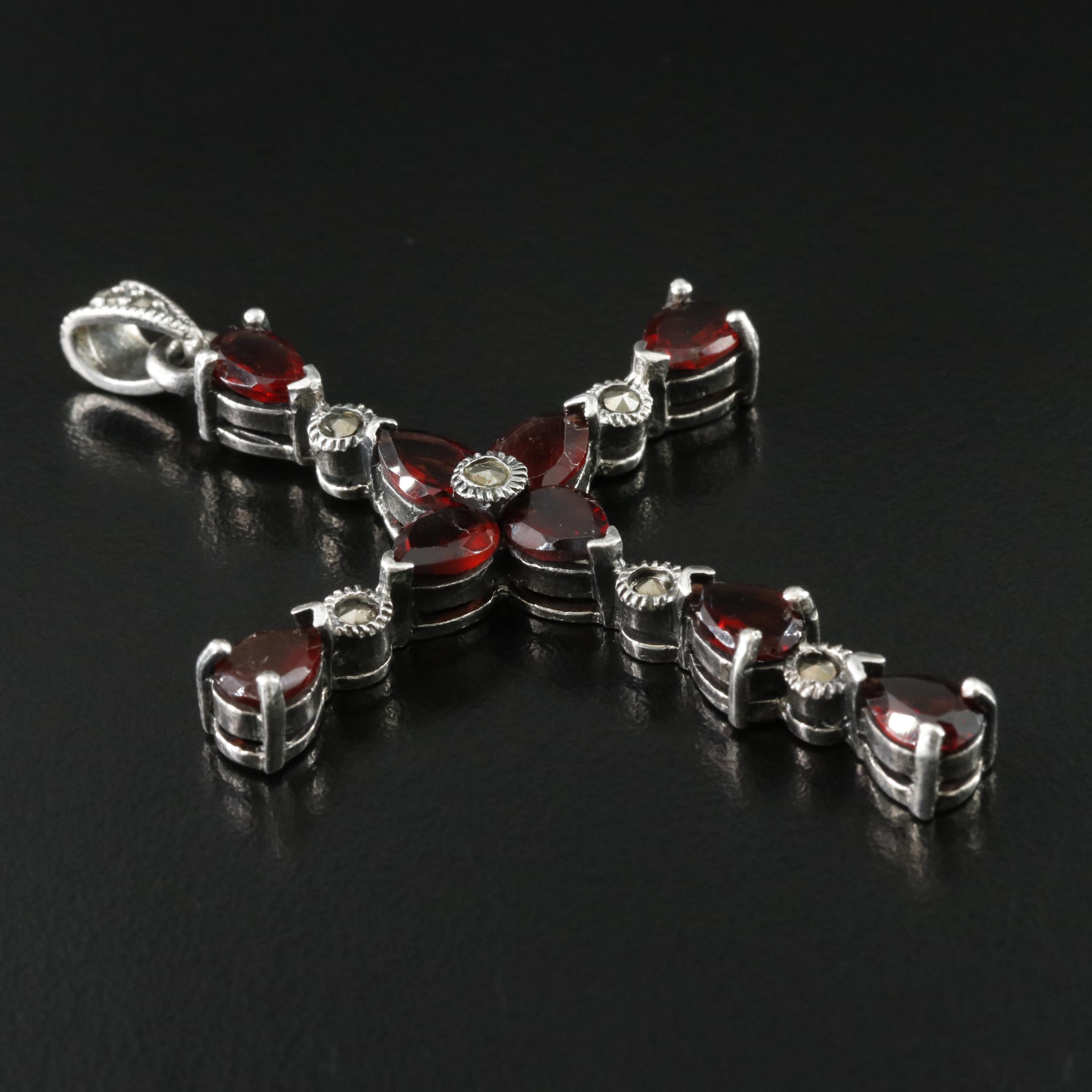 Sterling Garnet and Marcasite Cross Pendant