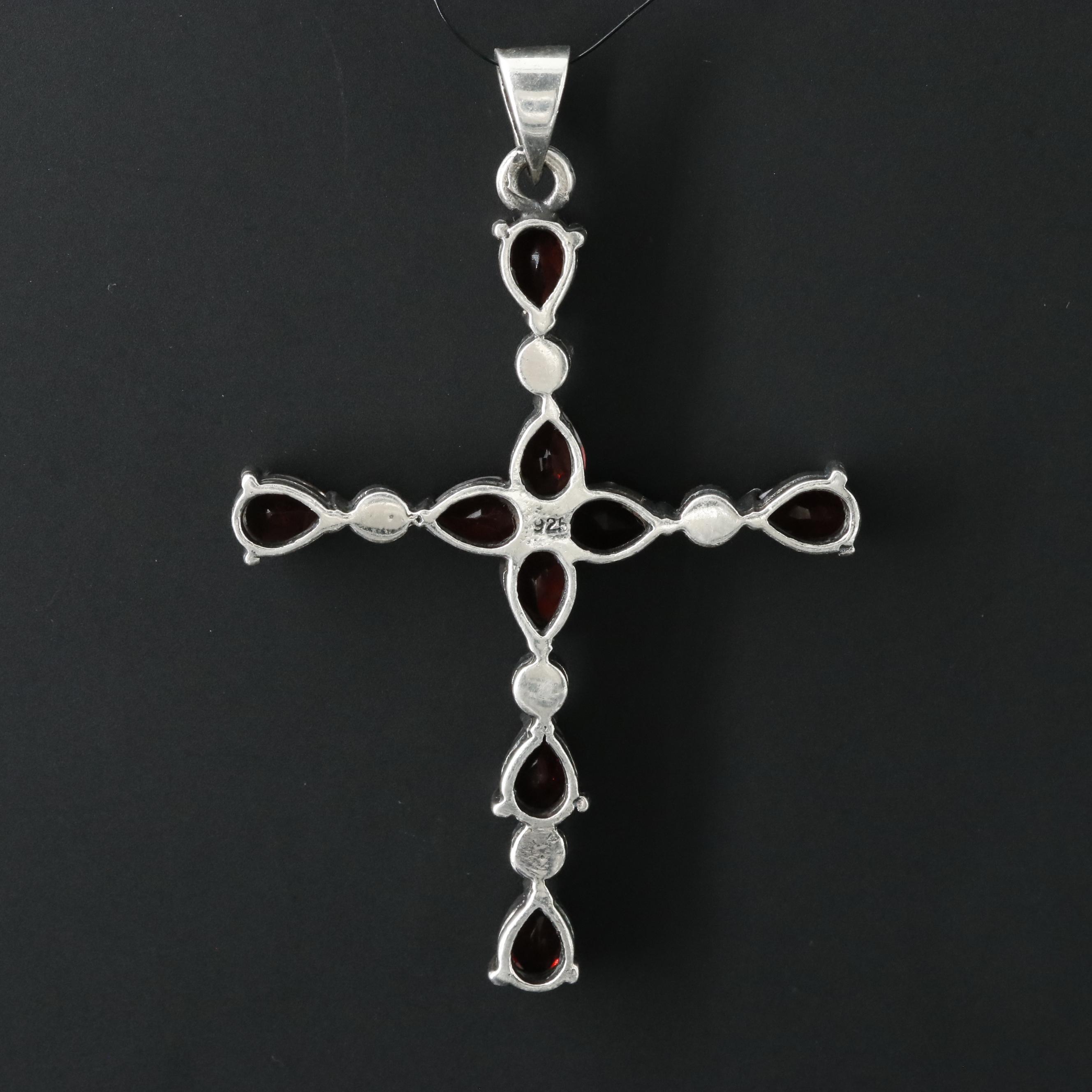 Sterling Garnet and Marcasite Cross Pendant