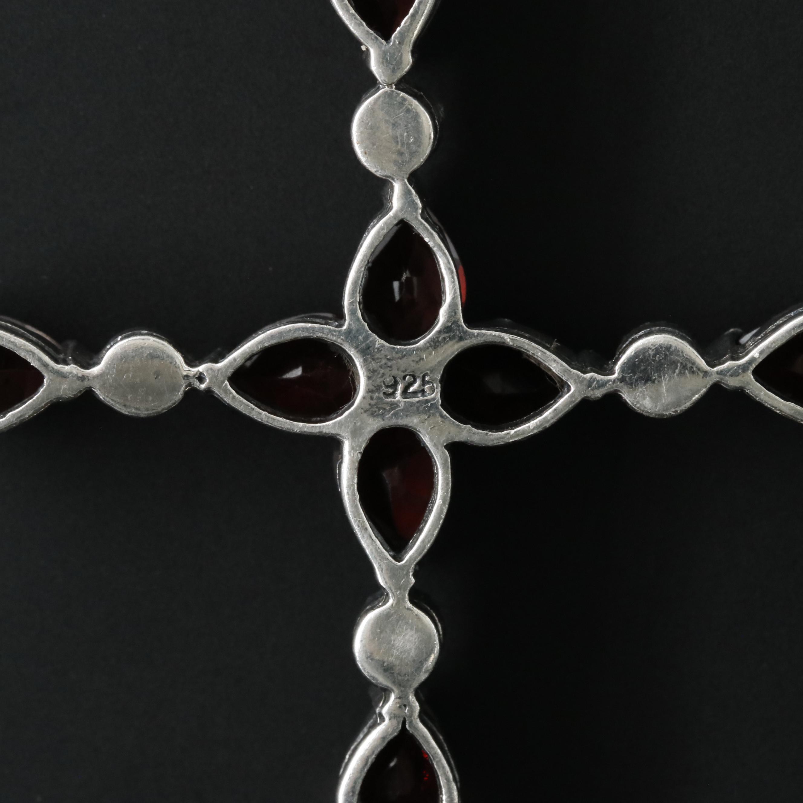 Sterling Garnet and Marcasite Cross Pendant