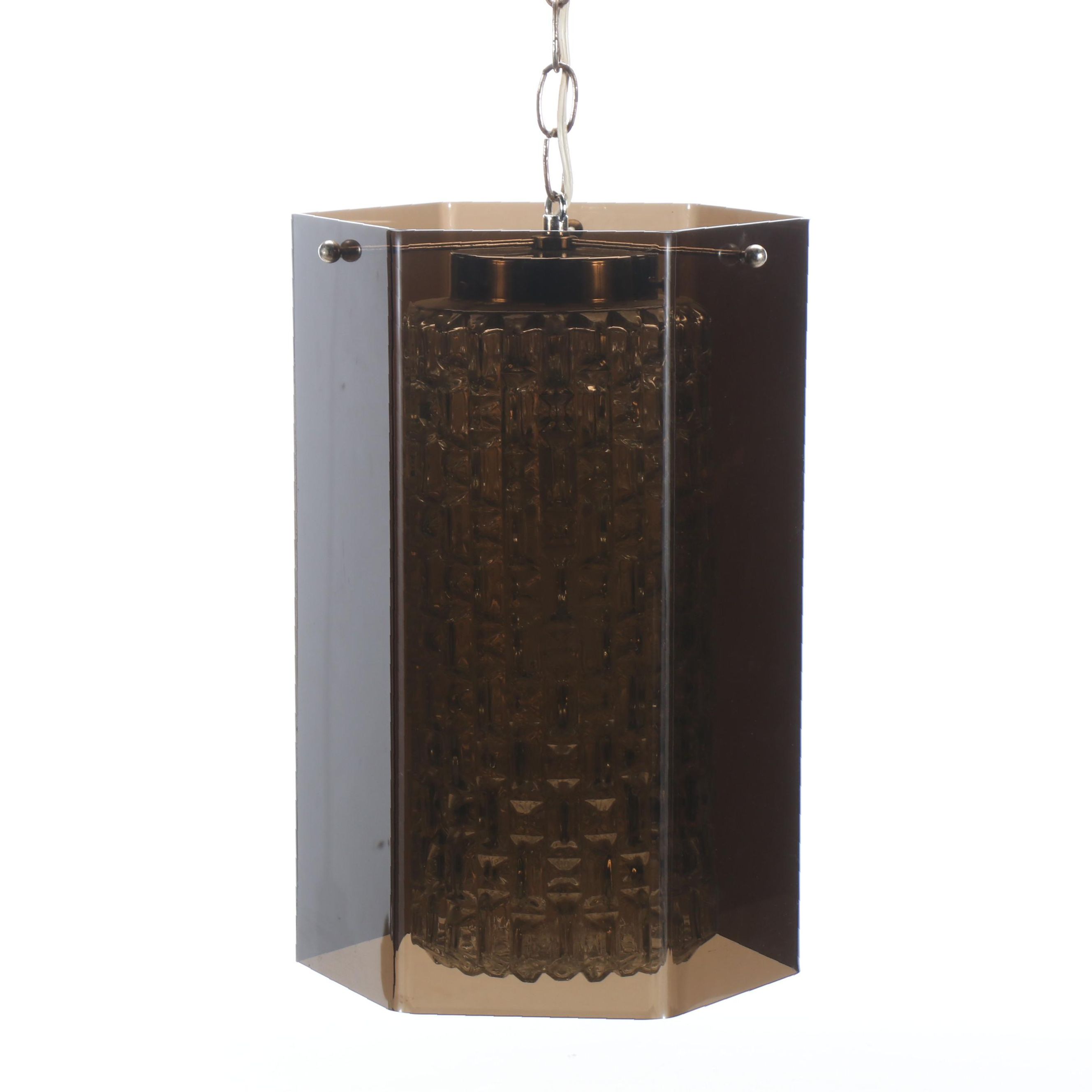 MCM Smoke Acrylic Hexagon Shield with Cubist Glass Pendant Swag Light