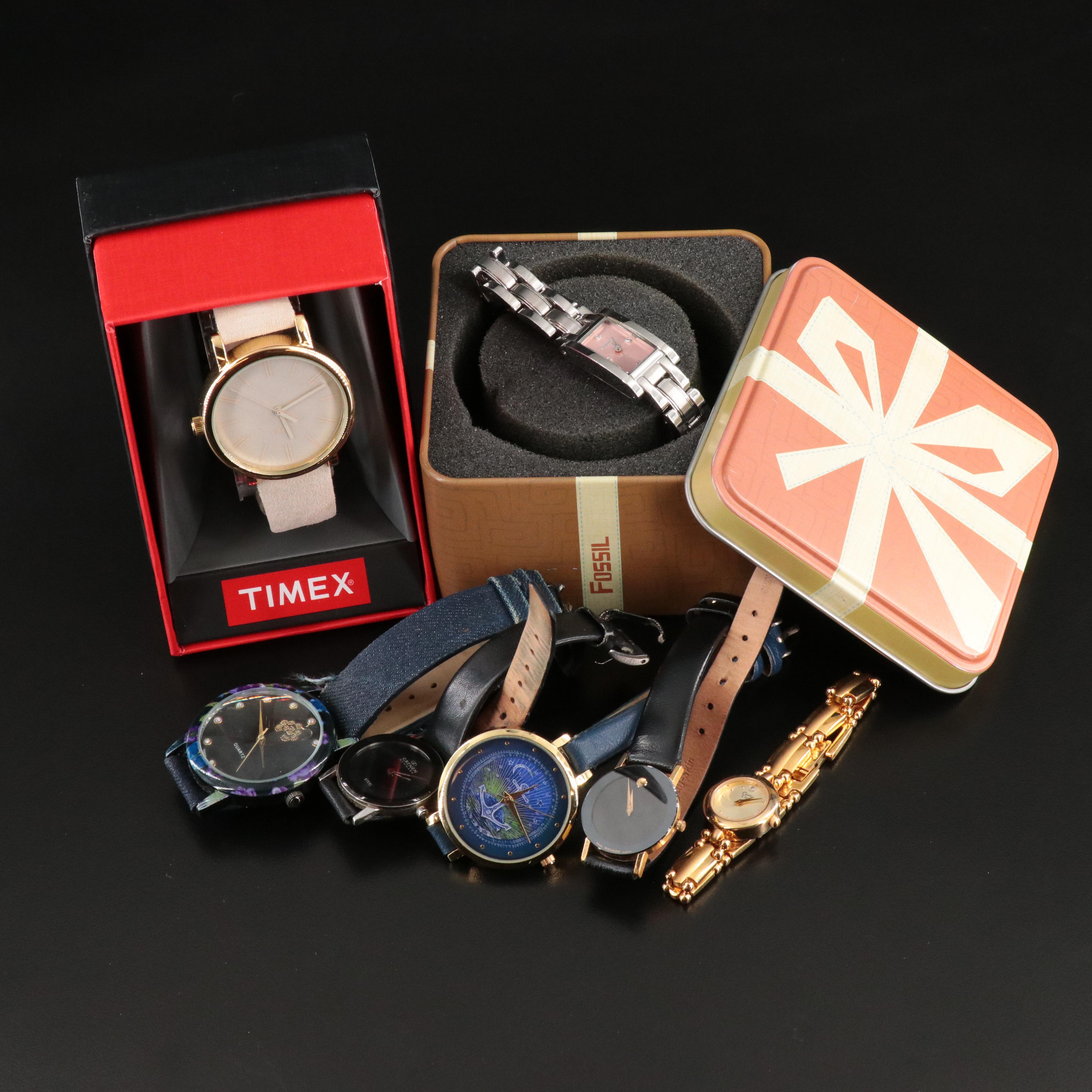 Collection of Quartz Watches  Featuring Movado Museum and Fossil