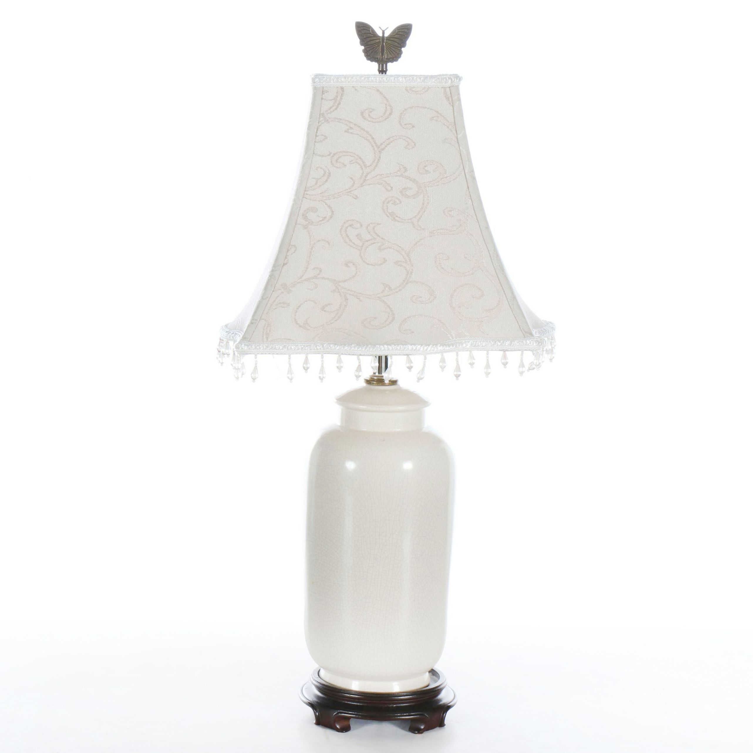 Cream Ceramic Canister Style Table Lamp with Custom Beaded Shade