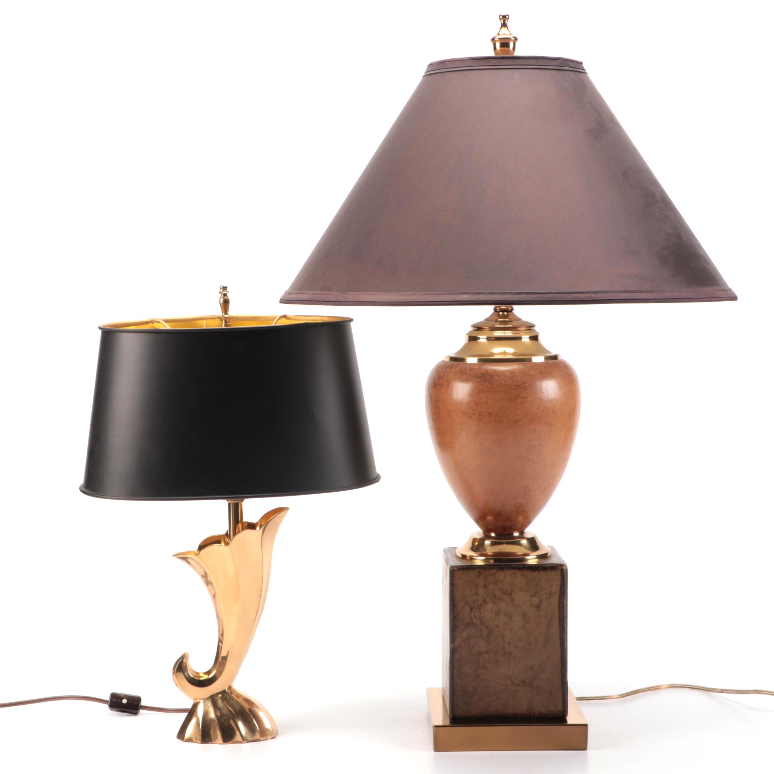 Kordenbrock Interiors Neoclassical Brass & Leather Lamp, Brass Cornucopia Lamp