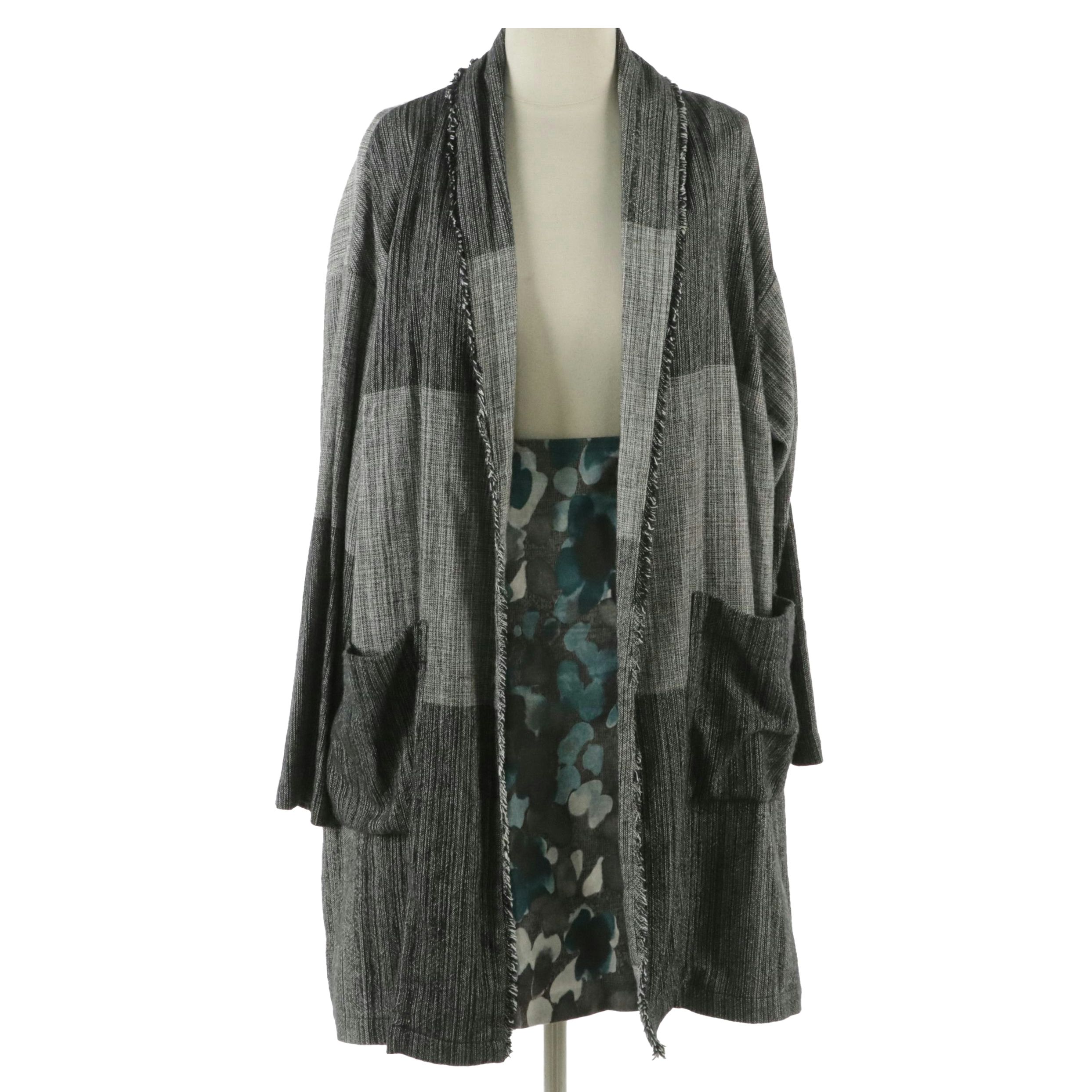 Eileen Fisher Cardigan Sweater and Lavia Blue Floral Printed Flared Skirt