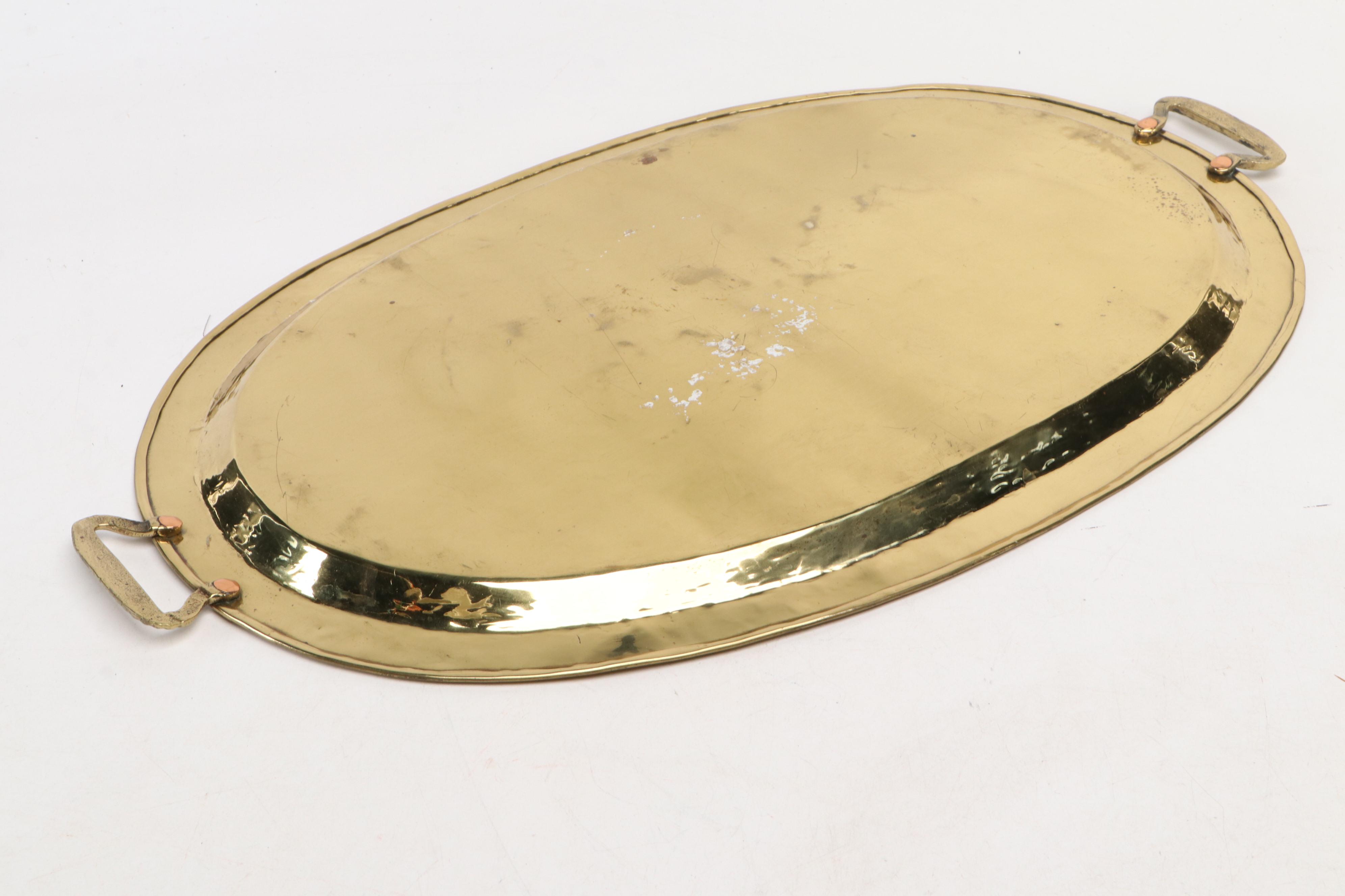 Russian Hammered Brass Oval Handled Trays with Muffineer and More Brass