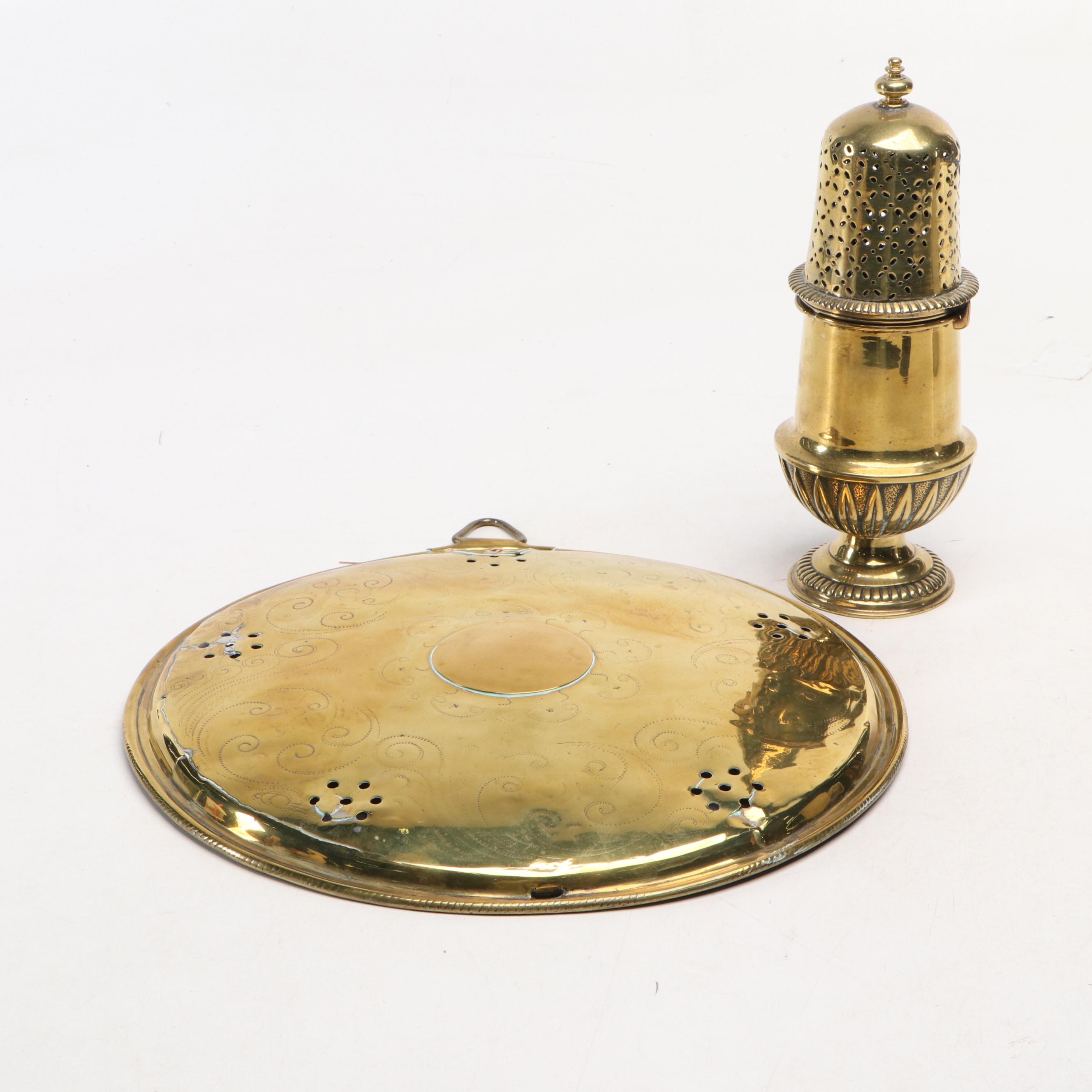 Russian Hammered Brass Oval Handled Trays with Muffineer and More Brass