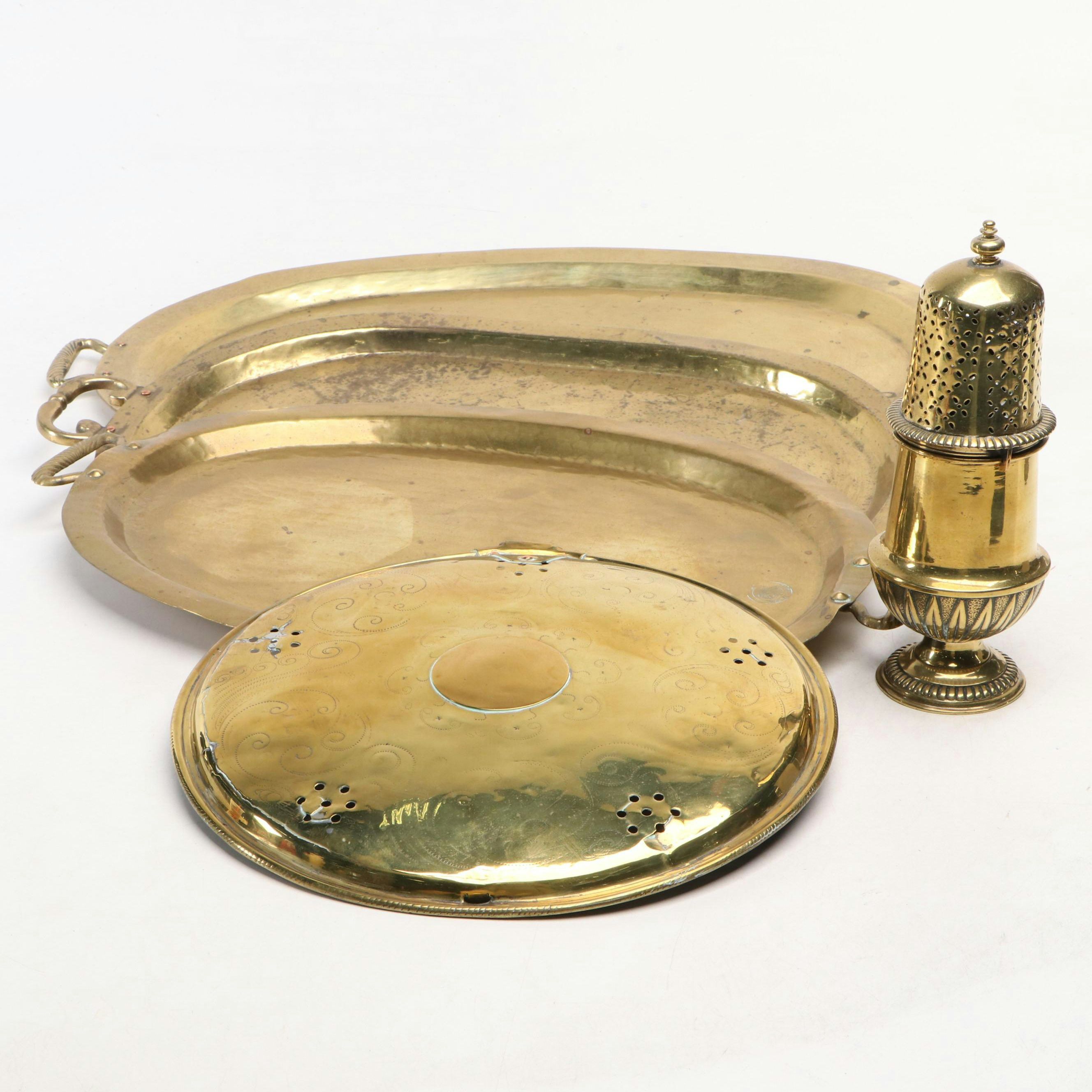 Russian Hammered Brass Oval Handled Trays with Muffineer and More Brass