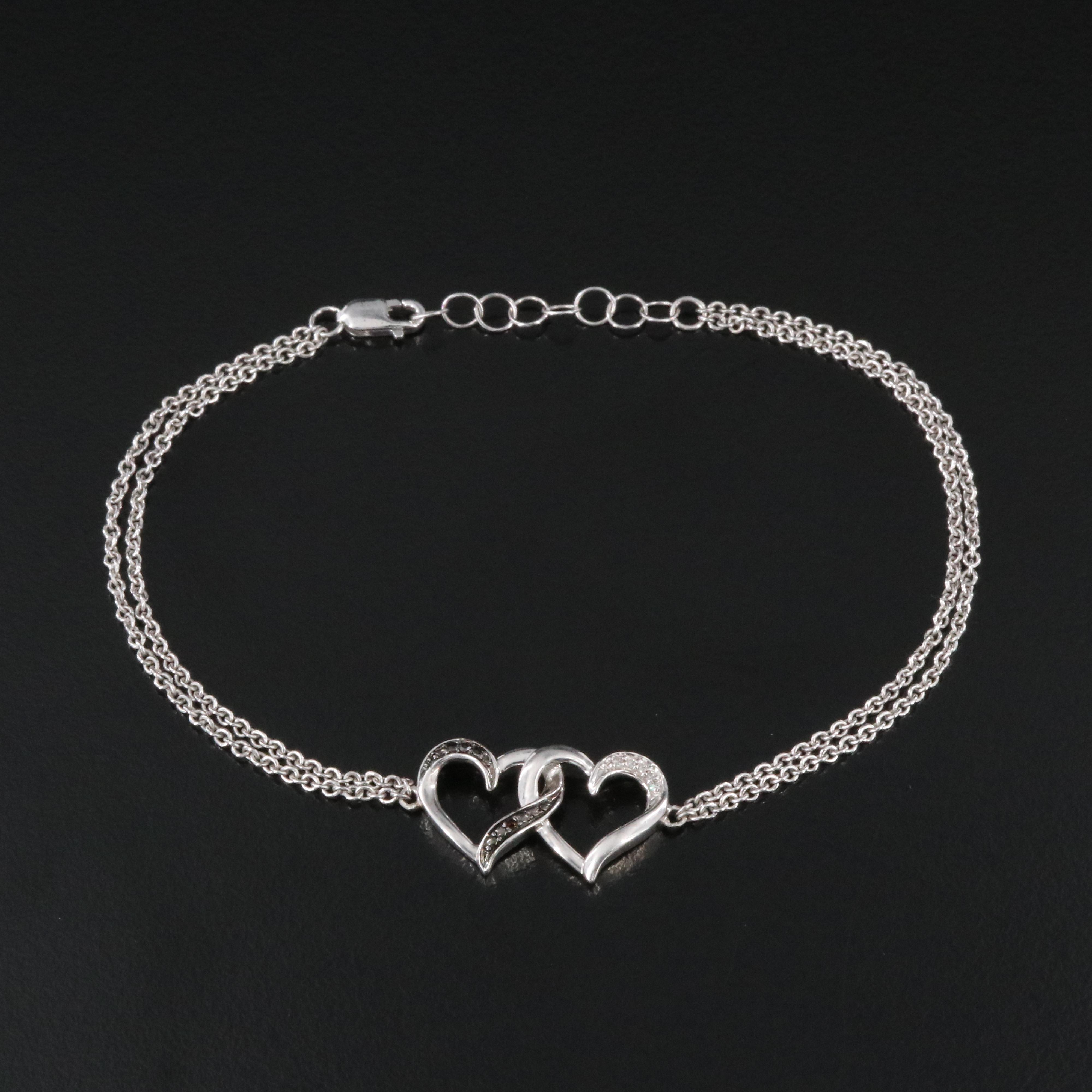 Sterling Diamond Two Heart Bracelet with Fancy Color Diamond Accent